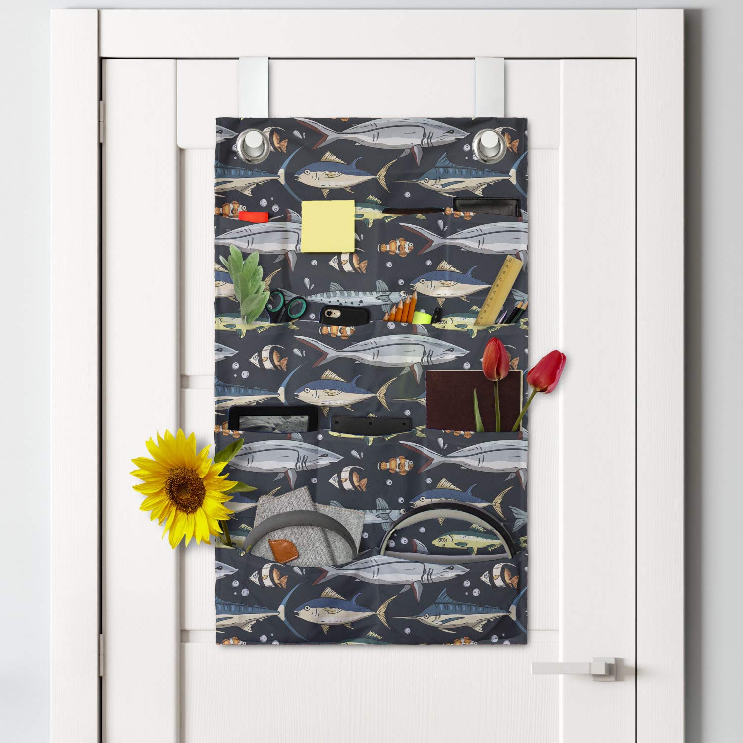 Ambesonne Nautical Hanging Pocket Organizer - Ocean Fish & Bubbles Pattern Polyester Storage Bag with Multiple Pockets, 21