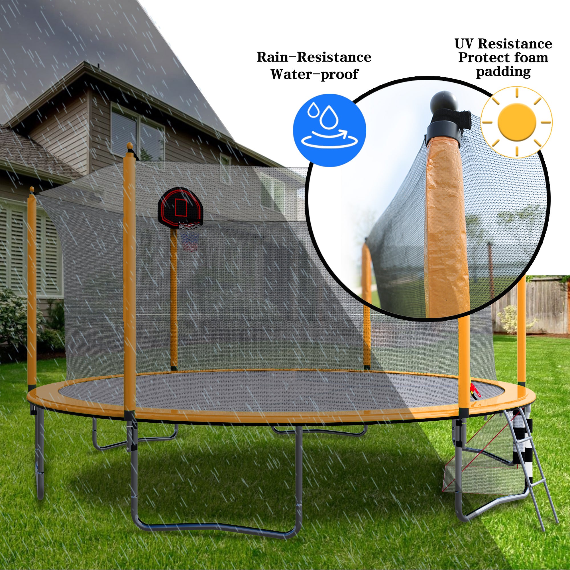 16FT Trampoline with Basketball Hoop, Pump & Ladder - Includes Inner Safety Enclosure & Soccer Goal - Orange - Perfect for Backyard Fun, Kids Outdoor Play & Family Fitness Activities