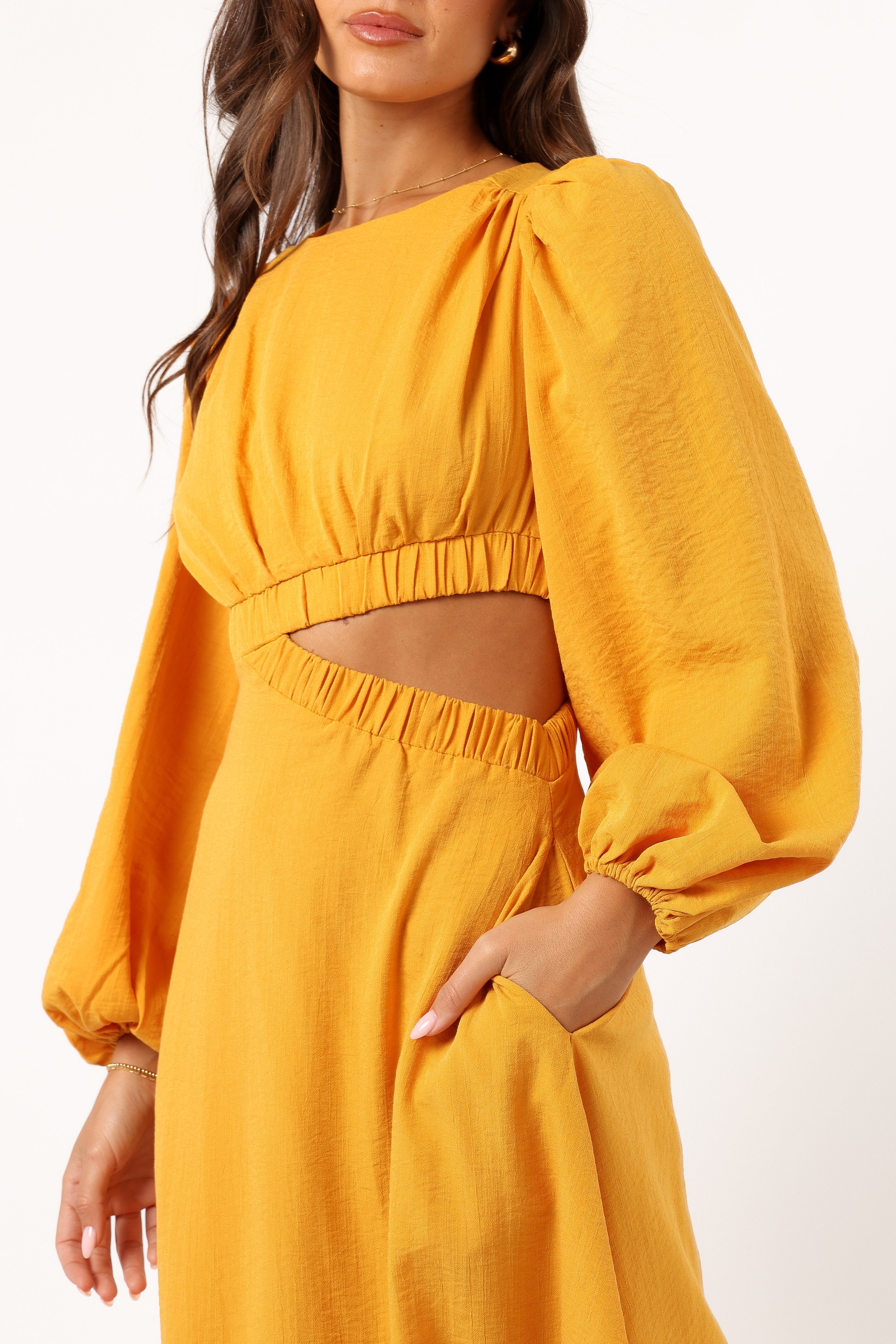 Ginnee Puff Sleeve Cutout Midi Dress in Mustard Yellow | Flowy Summer Dress for Women | Perfect for Beach Vacations, Date Nights & Outdoor Parties