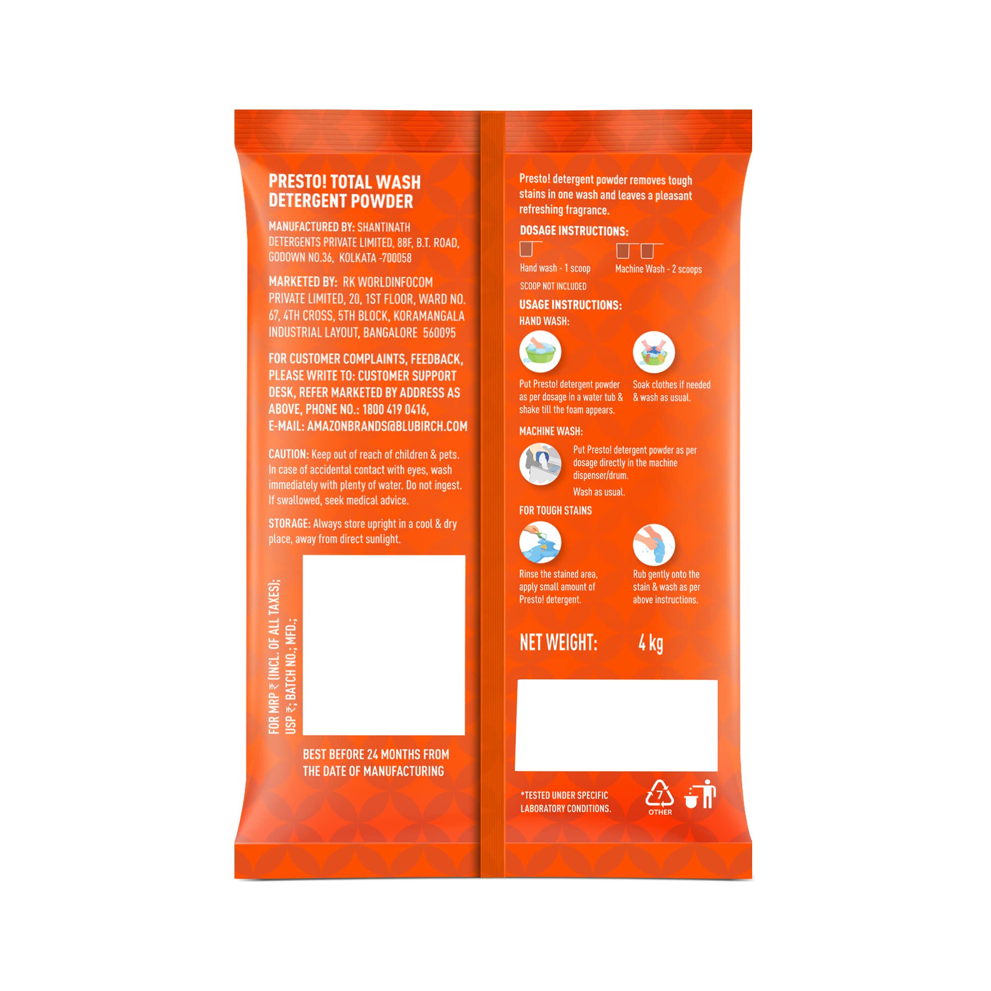 Presto! Total Wash Detergent Powder 4kg - Heavy Duty Stain Remover | Gentle on Fabrics | Fresh Scent | Machine & Hand Wash | Bleach-Free Laundry Detergent | Perfect for Everyday Clothes, Baby Wear & Delicates