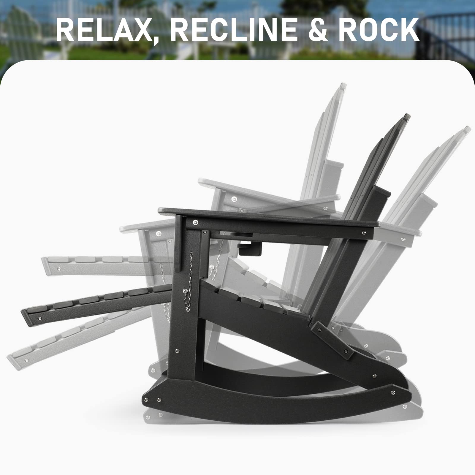 Premium Adirondack Chair with Ottoman - Weather-Resistant Rocking & Folding Outdoor Chair with Cup Holder - Heavy Duty 350lb Capacity Patio Furniture for Backyard, Poolside & Camping Fire Pit