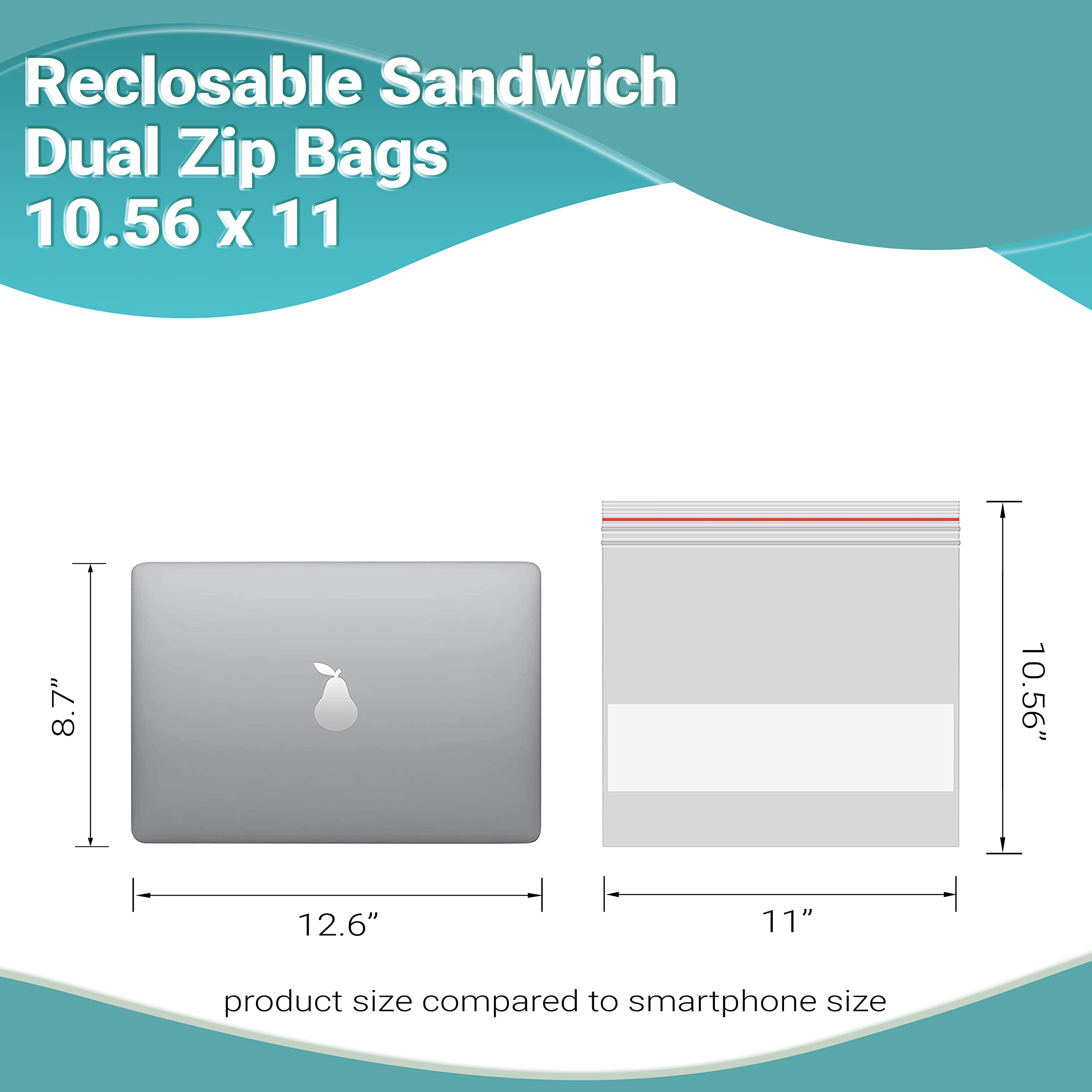 APQ 250 Pack Reclosable Sandwich Bags with Dual Zip Lock, 10.56 x 11 Inches, 1.75 Mil Thick Write-On Poly Bags for Food Storage, Meal Prep, Office Organization & Travel Snacks | Airtight Seal for Freshness