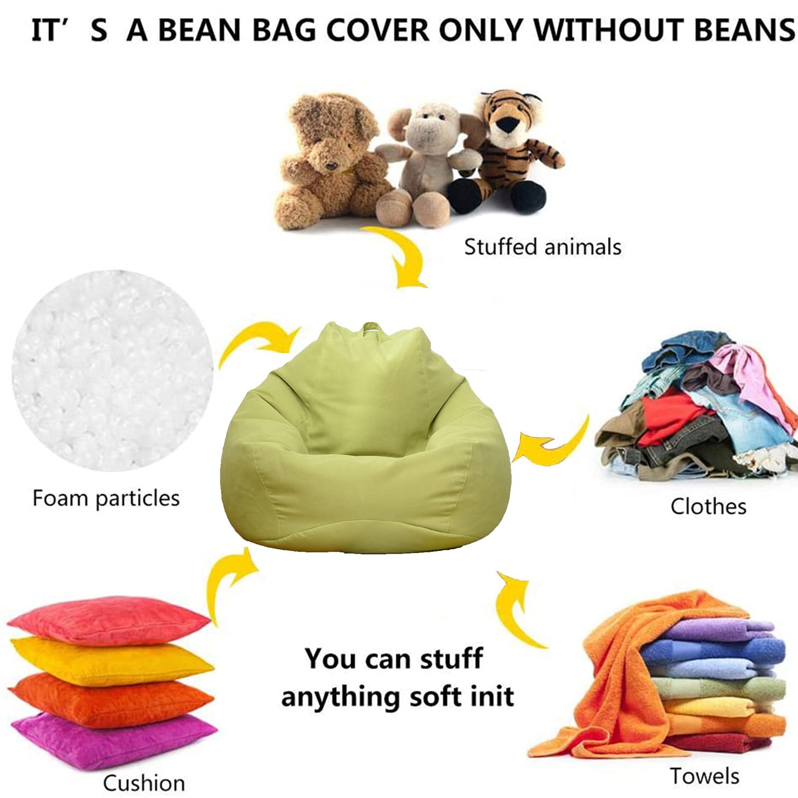 Premium Bean Bag Chair Cover with Footstool Cover (No Beans Included) - Large 120x130cm Green Storage Solution for Kids, Adults & Couples - Perfect for Organizing Toys, Stuffed Animals or Memory Foam - Ideal for Playrooms, Dorm Rooms & Family Living Spaces