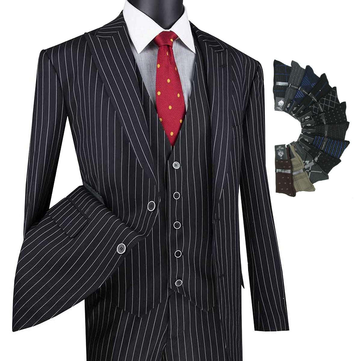 Stylish Men's 3-Piece Gangster Stripes Single Breasted Suit Set with Matching Socks - Perfect for Weddings, Parties & Formal Events