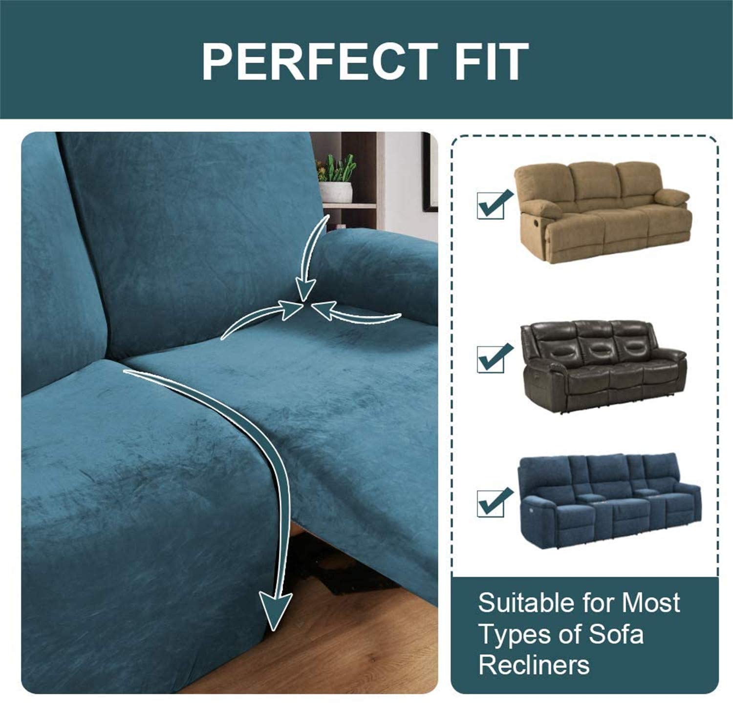 8-Piece Stretch Velvet Recliner Sofa Cover Set - Soft Thick Form-Fitted Couch Covers for 3-Seater Reclining Sofas with Side Pockets (Peacock Blue) - Perfect for Living Room, Home Theater & Family Room Furniture Protection