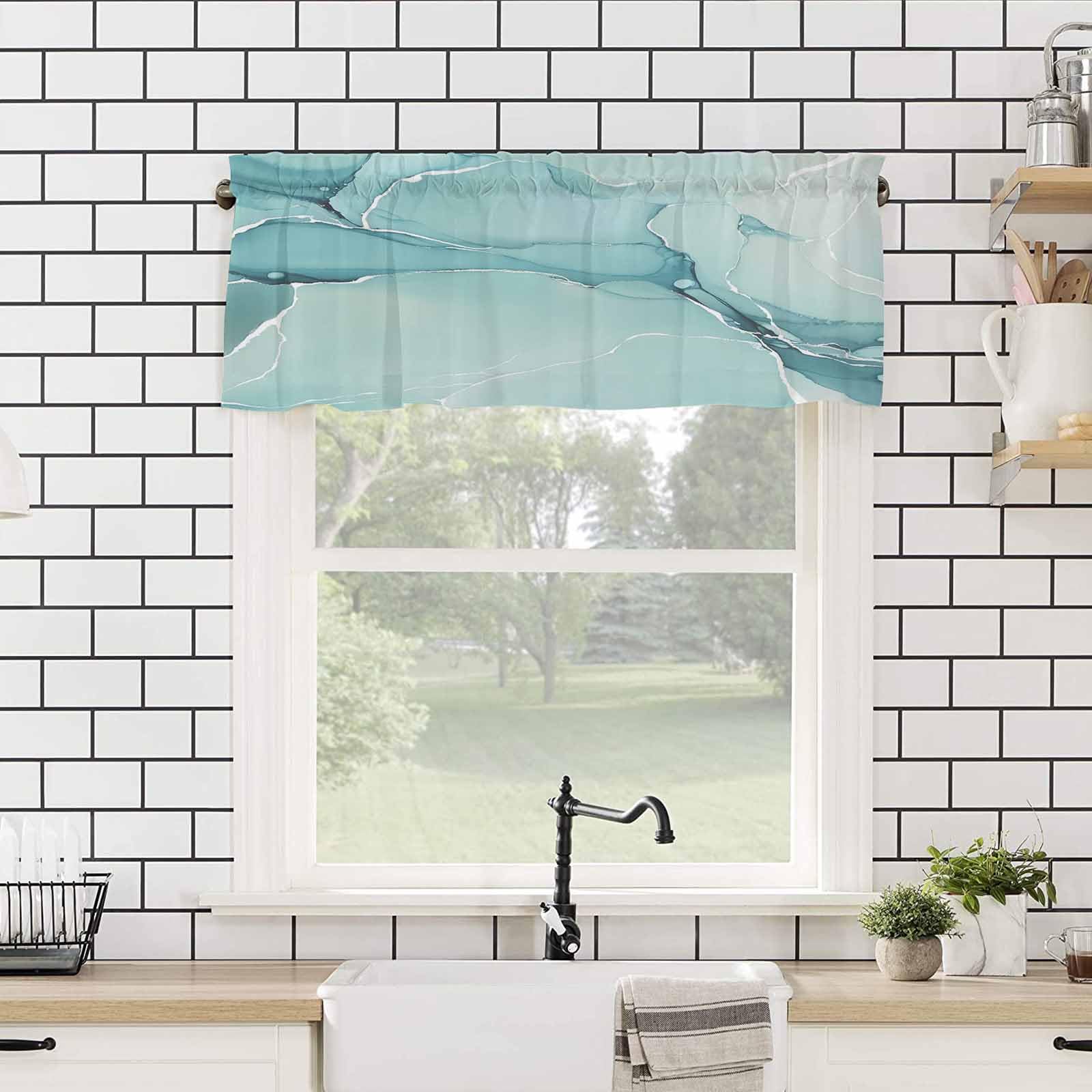 Marble Window Valance - Teal Blue Farmhouse Design for Living Room & Bedroom Decor