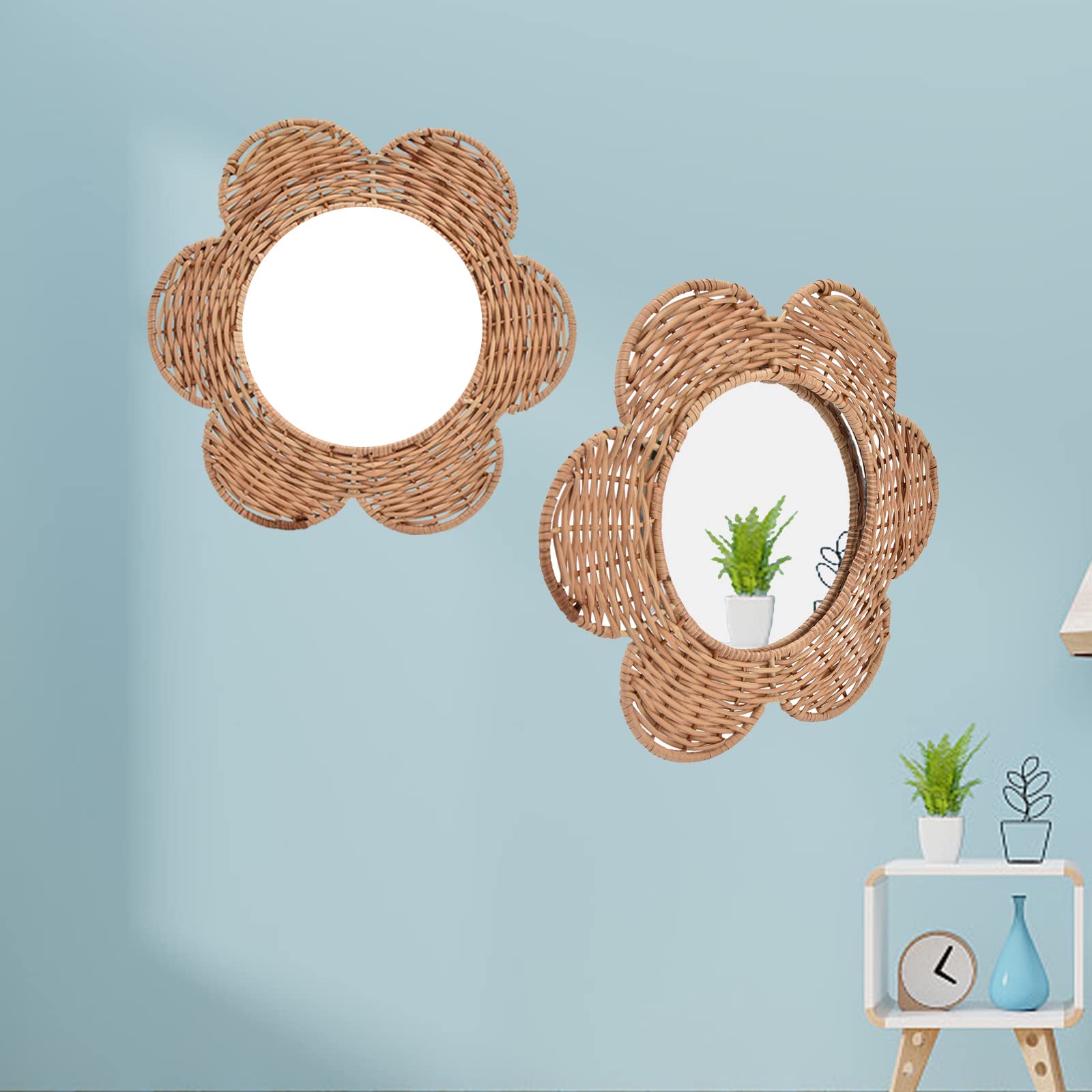 OUKENS Rattan Hanging Mirror - Boho Wall Decor for Bedroom, Living Room & Bathroom | Natural Woven Cosmetic Mirror with Unique Design | Perfect for Vanity, Dressing Area & Home Decoration