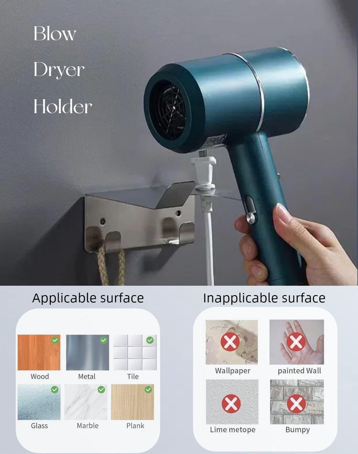 Stainless Steel Wall Mounted Hair Dryer Holder with Hooks - Bathroom Organizer for Blow Dryer, Silver | Perfect for Small Spaces & Clutter-Free Vanity Organization