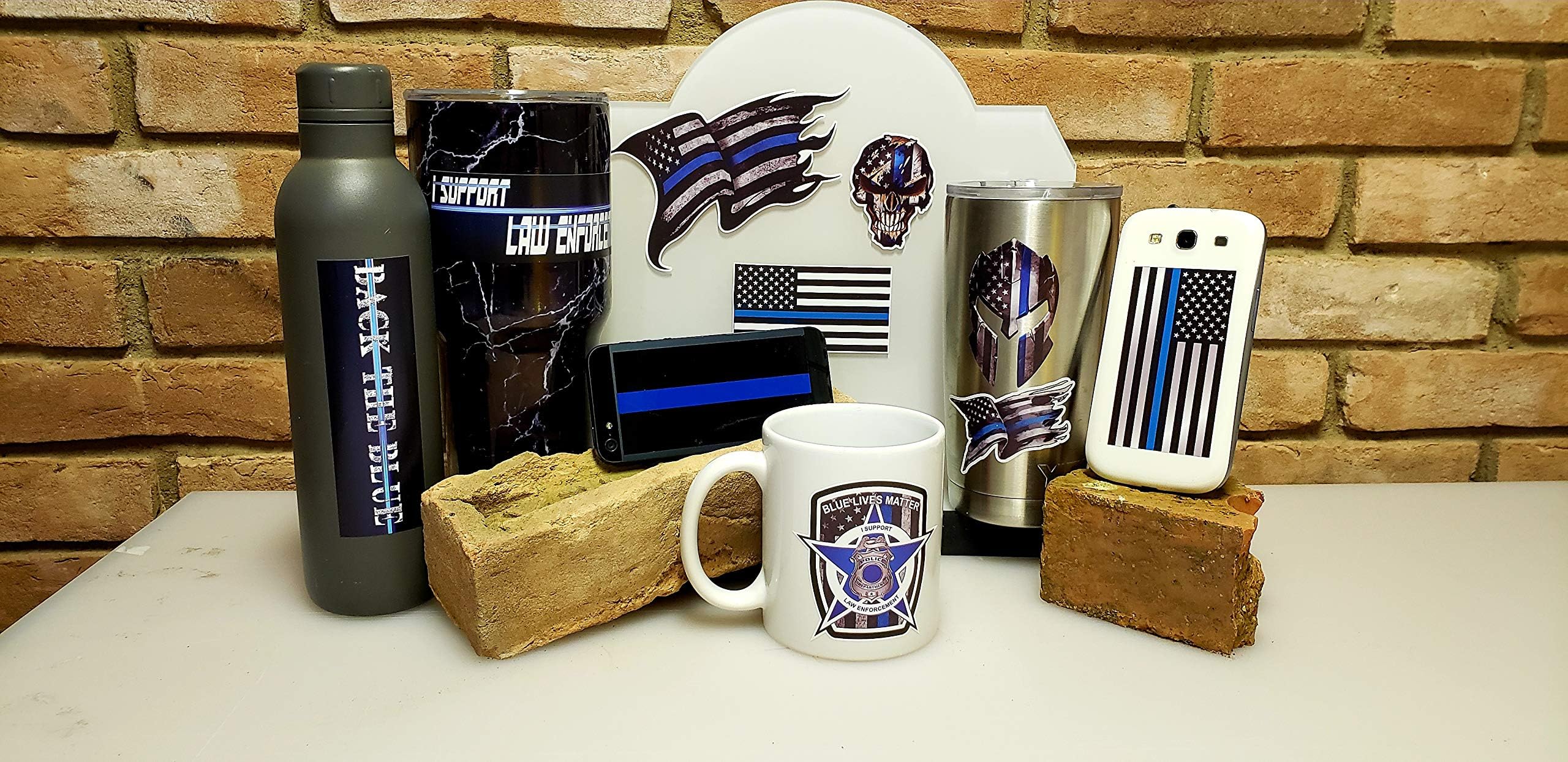 Thin Blue Line Skull Police Officer Decals - 10 Pack Patriotic Blue Lives Matter Vinyl Stickers for Cars, Trucks & Laptops - American Flag Themed Car Accessories for Police Supporters & First Responders