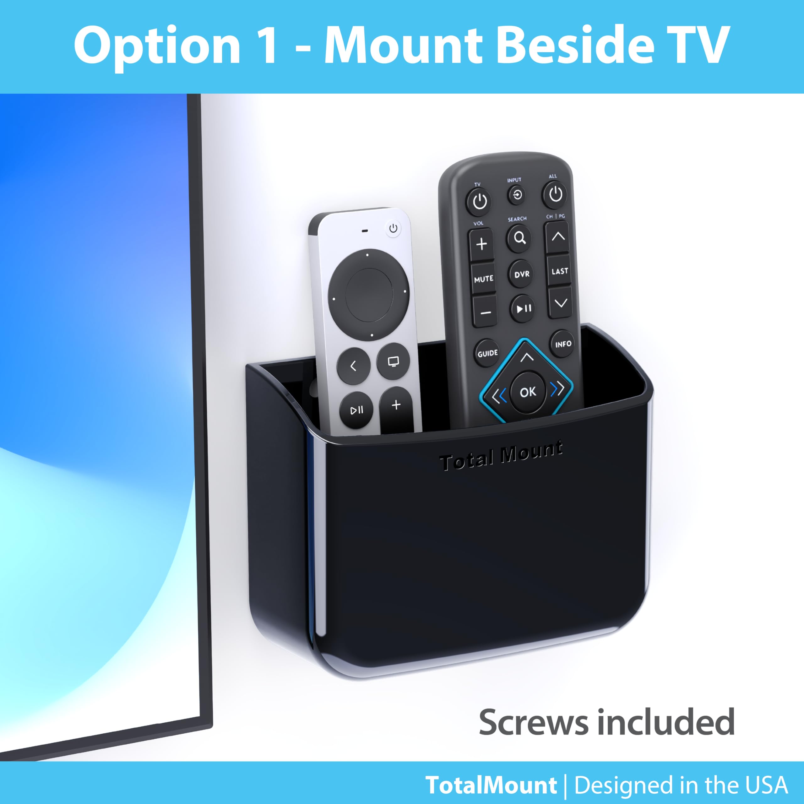 TotalMount Universal TV Remote Control Holder - Wall or TV Mount for All Remotes | Premium Black (2-Pack) | Perfect for Living Room, Bedroom & Home Theater Organization
