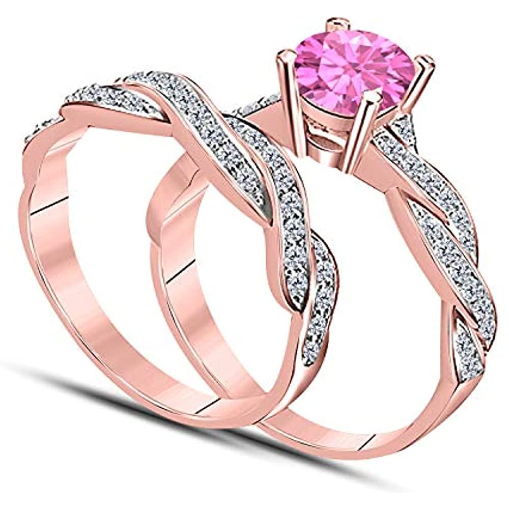 Ritika Round Cut Pink Sapphire & White Diamond 925 Sterling Silver 14K Rose Gold Over Diamond Ring Set for Women - Perfect for Anniversary, Engagement, Promise, and Bridal Occasions