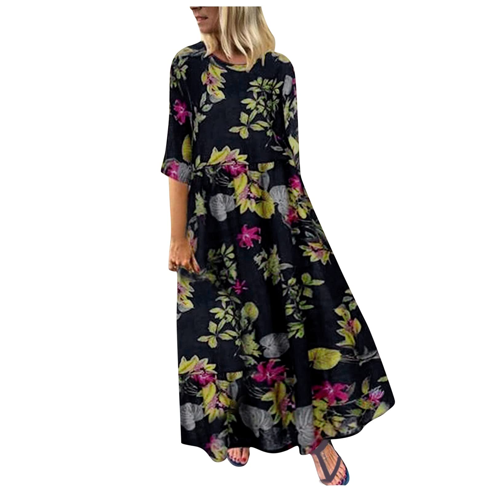 Boho Maxi Dress for Women - Floral Summer Casual Long Dress in Cotton & Linen | Beach Wedding, Vacation, Party Wear