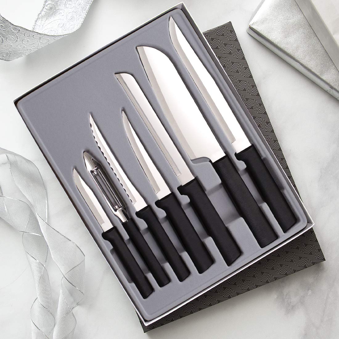 Rada Cutlery 7-Piece Knife Set with Sharpener - High-Quality Kitchen Knives with Black Handles - Perfect for Home Cooking, Wedding Gifts & Starter Chef Kits