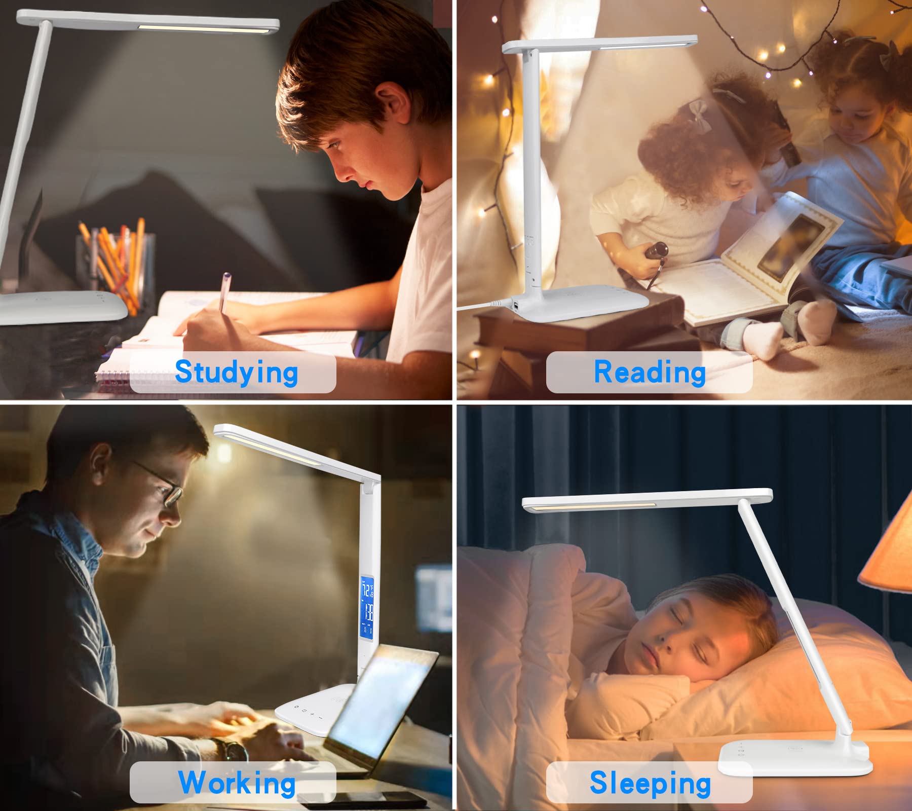 10W LED Desk Lamp with Wireless Charger & USB Port - Touch Control, Dimmable 3 Modes & 5 Brightness Levels - Adjustable Home Office Reading Light with Alarm Clock, Date & Temperature Display - Perfect for Study, Work & Nightstand Use (White)