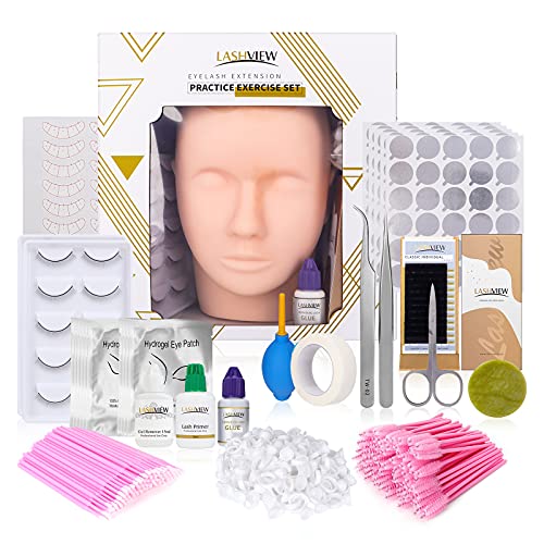LASHVIEW Professional Eyelash Extension Kit for Beginners - Complete Training Set with Mannequin Head, Individual Lashes, Glue & Tweezers - Perfect for Salon Practice & Home Lash Extension Training