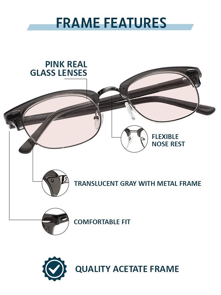 Pink Reading Glasses with Real Glass Lenses & Club Style Frame - Translucent Grey +2.50 Magnification | Perfect for Book Lovers, Office Work & Computer Use