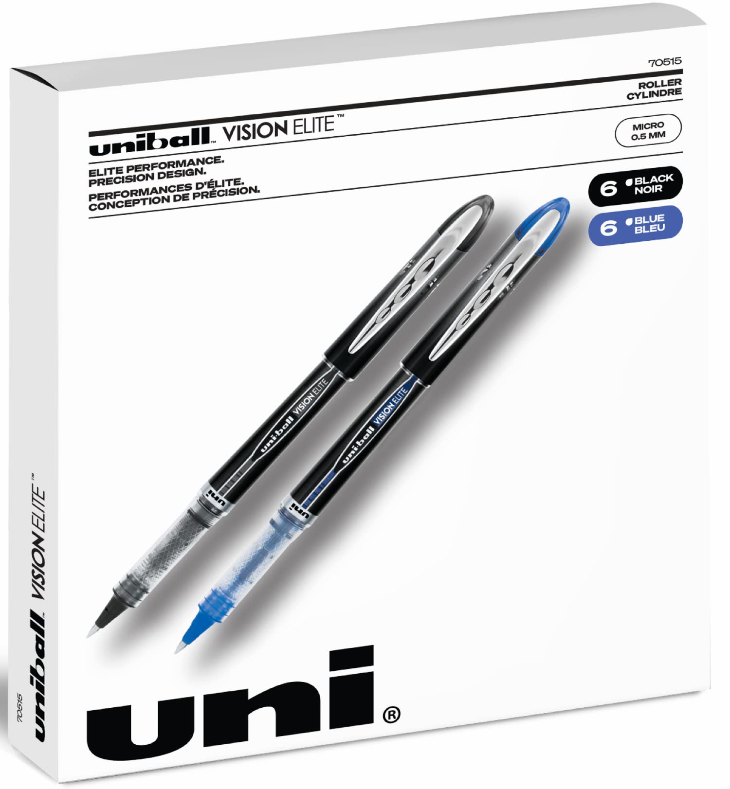 Uniball Vision Elite Rollerball Pens - 0.5mm Fine Point Micro Tip - 12 Pack (6 Black & 6 Blue) - Smooth Writing for Office, School & Note Taking