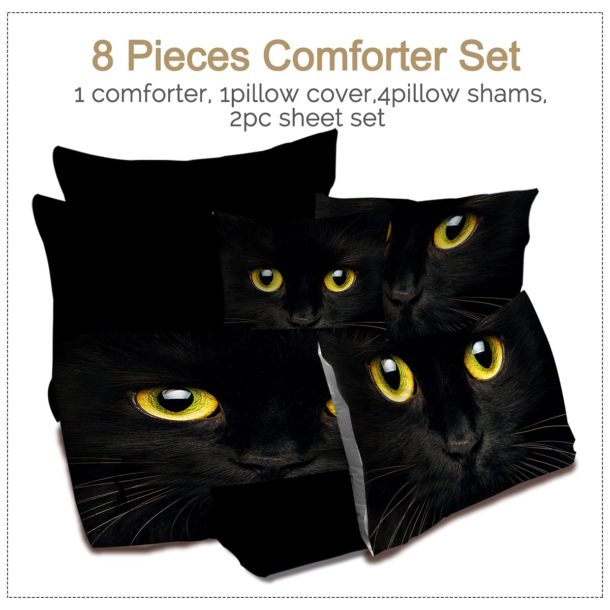 **BlessLiving 8-Piece Black Cat Comforter King Size Bedding Set - Cute Animal Print, Includes 1 Comforter, 2 Pillow Shams, 1 Flat Sheet, 1 Fitted Sheet, 1 Cushion Cover, 2 Pillowcases - Perfect for Kids, Boys & Girls Bedrooms, Themed Rooms, and Cozy Sleepovers**