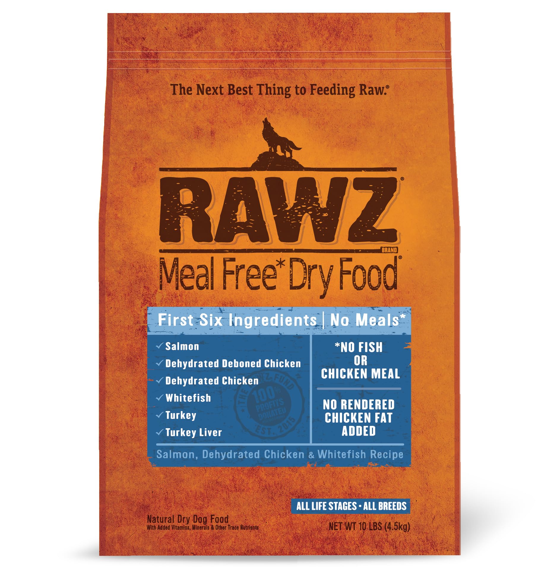 Rawz Meal Free Dry Dog Food - 10 lb Bag, Chicken, Salmon & Whitefish Recipe - High Protein Grain-Free Kibble for Adult Dogs - Perfect for Sensitive Stomachs & Allergies - Home Feeding & Travel Use