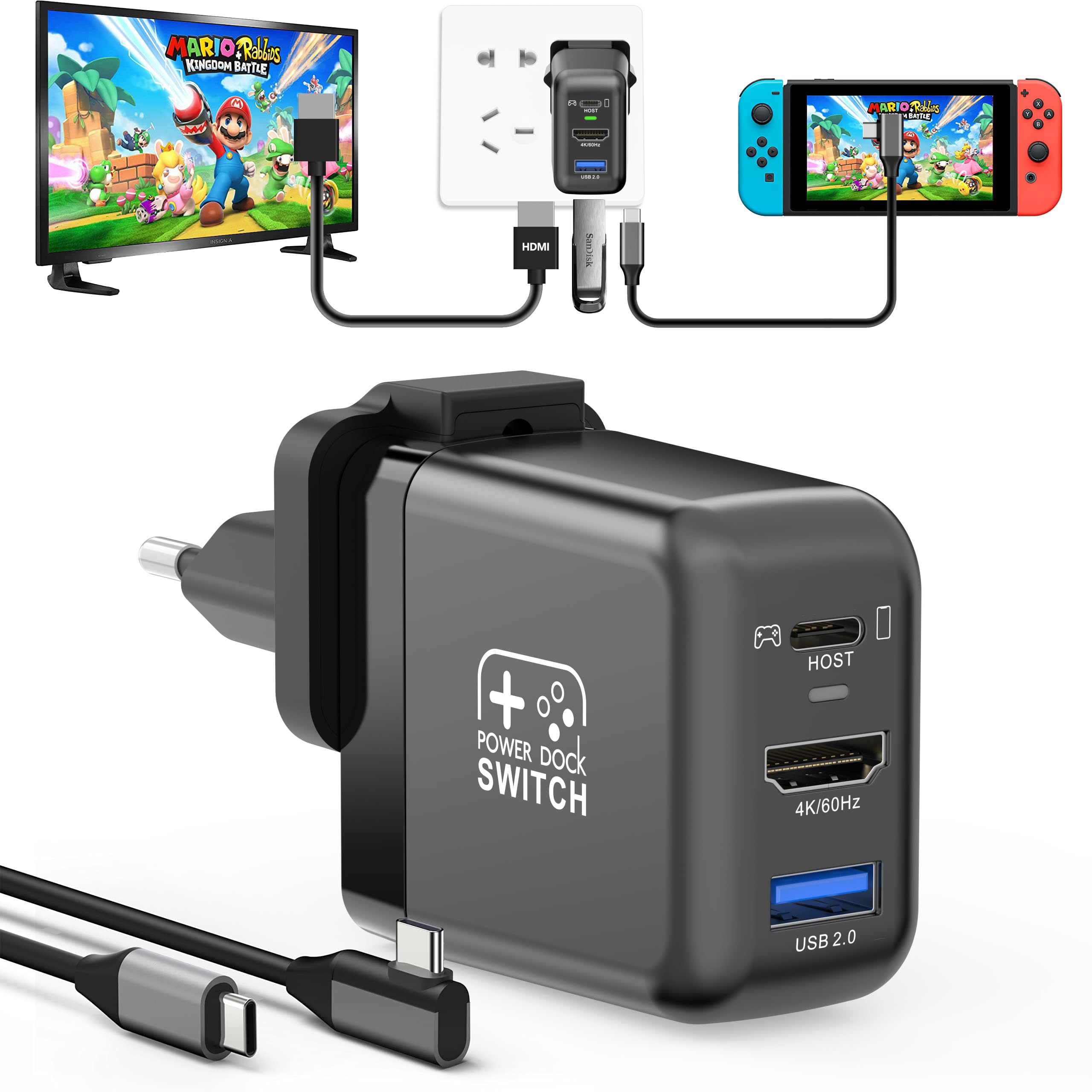 Nintendo Switch OLED Dock - 4K 60Hz HDMI Portable Docking Station with USB 2.0 & 30W Type-C Charger | 3-in-1 TV Adapter for Switch OLED/Samsung Dex S24/MacBook | Perfect for Gaming, Travel & Home Entertainment