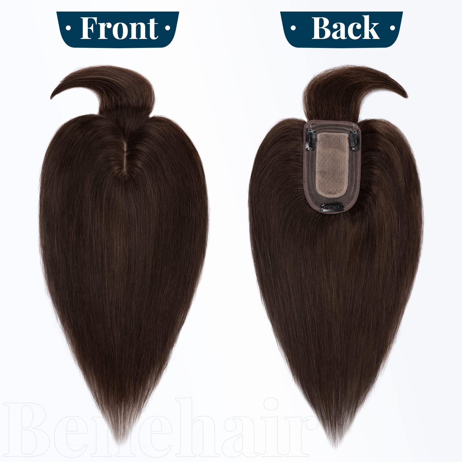 Benehair Clip-in Hair Topper for Women - 16 Inch Human Hair Extension with Thin Bangs, Silk Base, Straight & Soft (Dark Brown #2) | Perfect for Hair Loss, Thinning & Styling