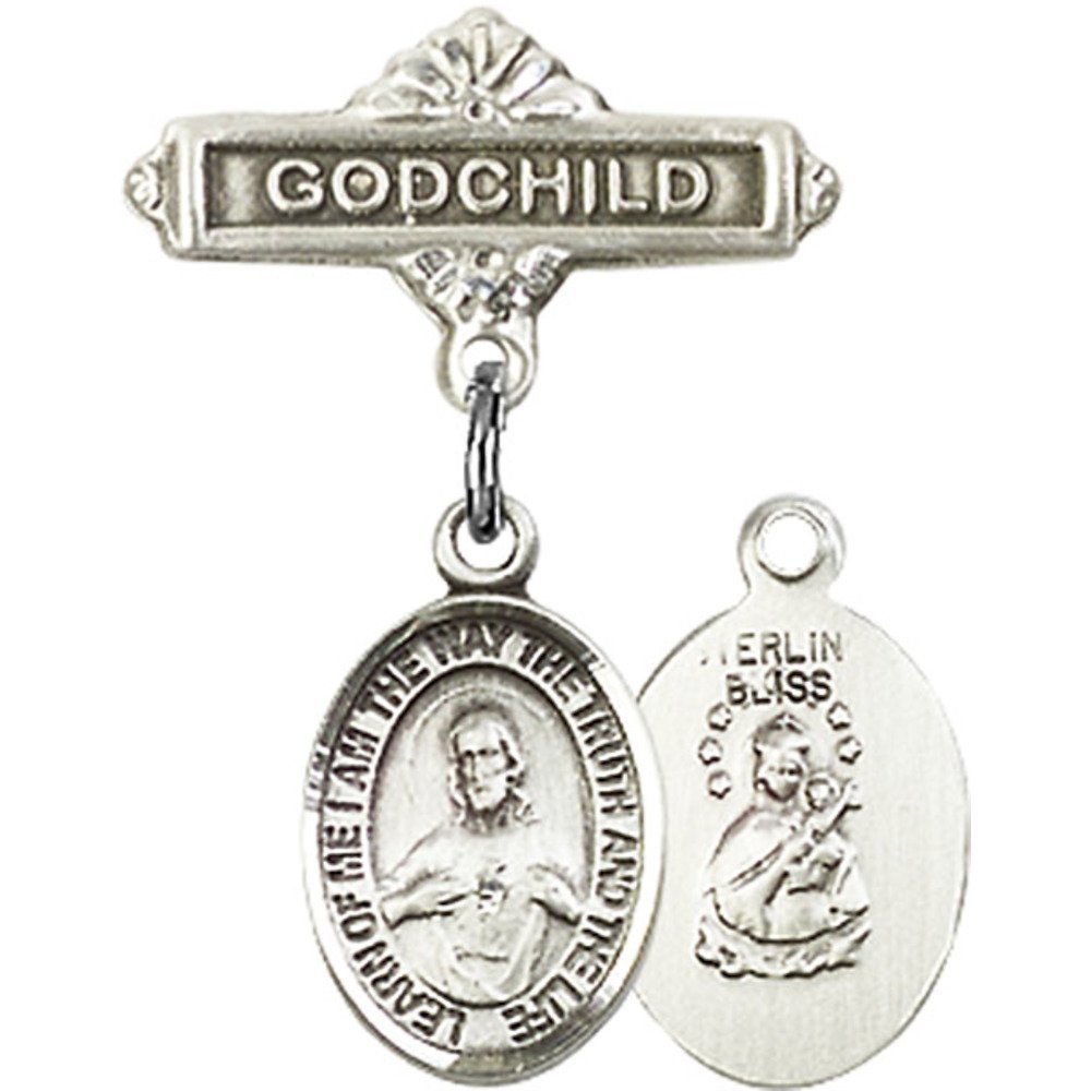 Sterling Silver Baby Badge with Scapular Charm & Godchild Pin - 1 x 5/8 Inch Religious Jewelry for Christening, Baptism & First Communion Gifts