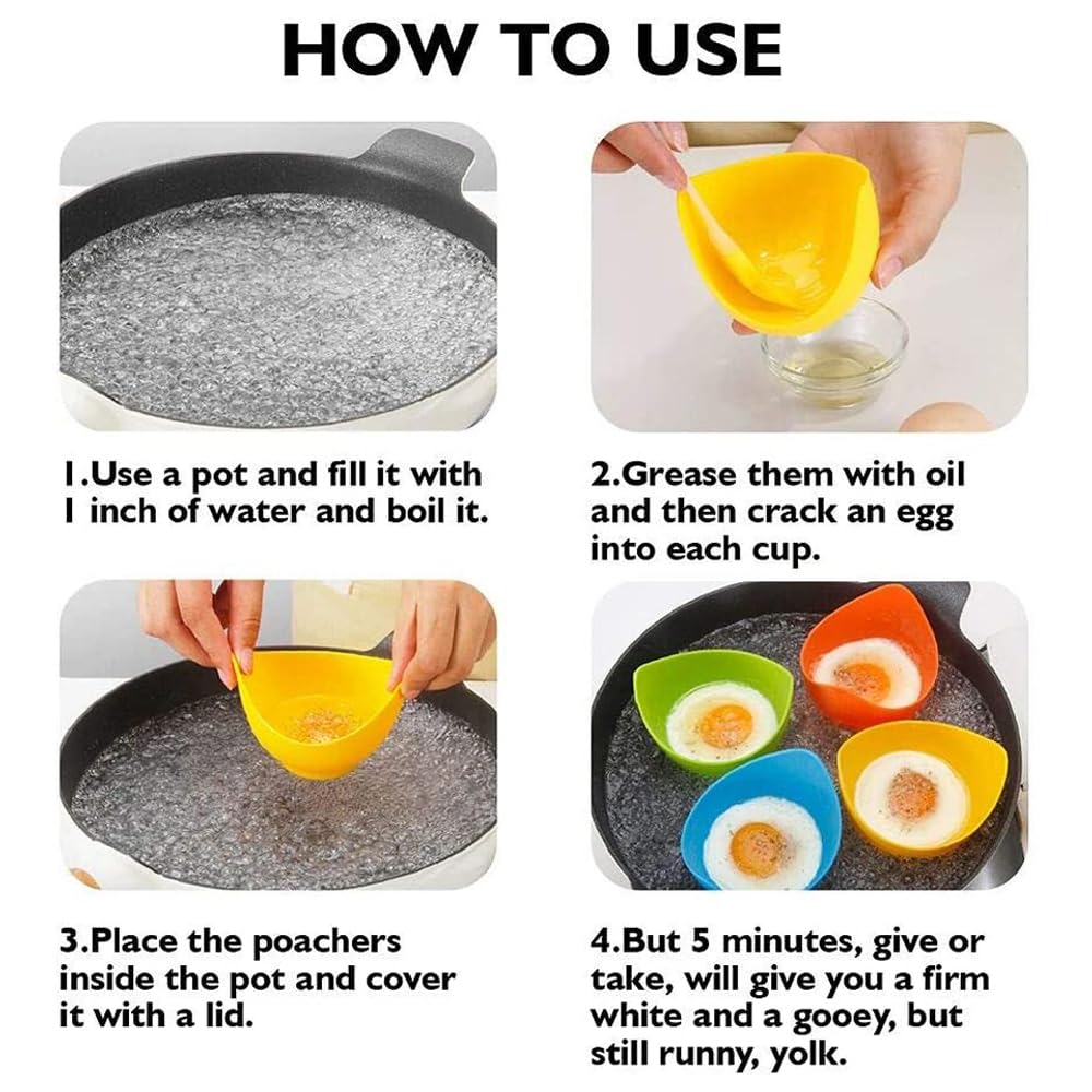 Nonstick Silicone Egg Poacher Cups with Stand - 4 Pack BPA-Free Egg Poaching Cups for Stovetop, Air Fryer & Microwave - Includes Bonus Oil Brush - Perfect for Breakfast, Meal Prep & Keto Cooking