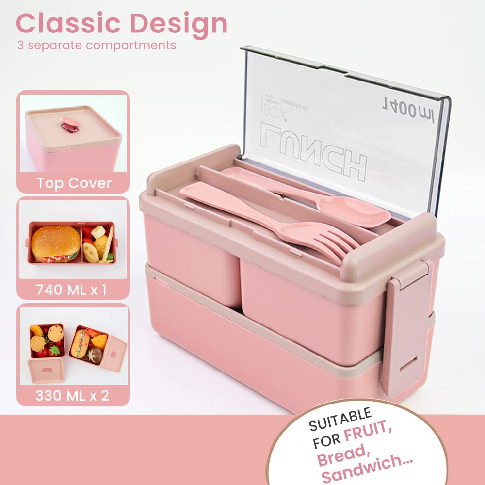 Bugucat 1400ML Stackable Bento Lunch Box - 2 Layer 3 Compartments Leak Proof Food Container with Cutlery Set for Adults & Kids (Pink) | Perfect for School, Office, Picnics & Meal Prep