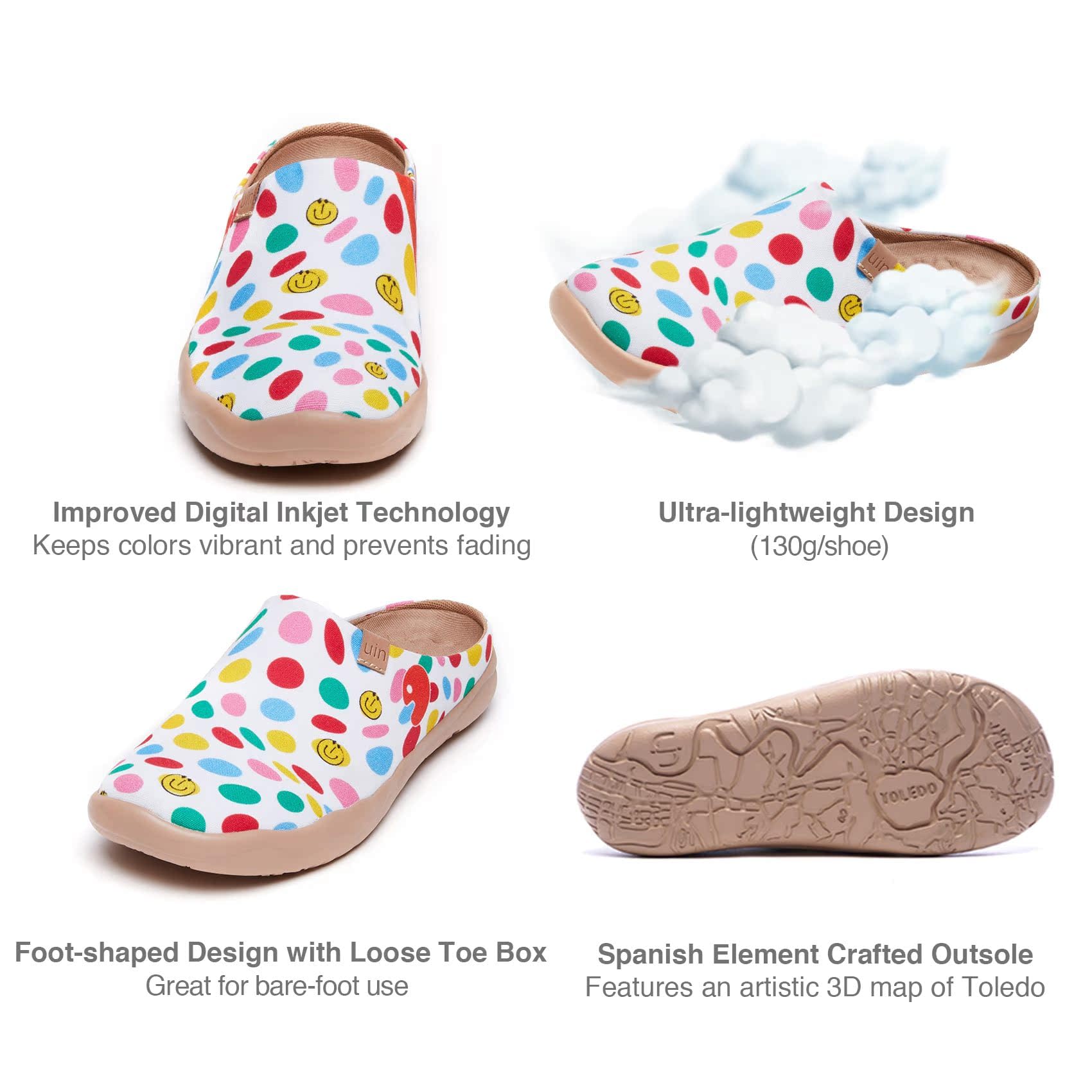 UIN Women's Slip On Mules - Comfortable Flat Lightweight Clogs with Wide Toe & Artistic Paint Design - Perfect for Travel, Casual Wear & Home Use - Malaga Series