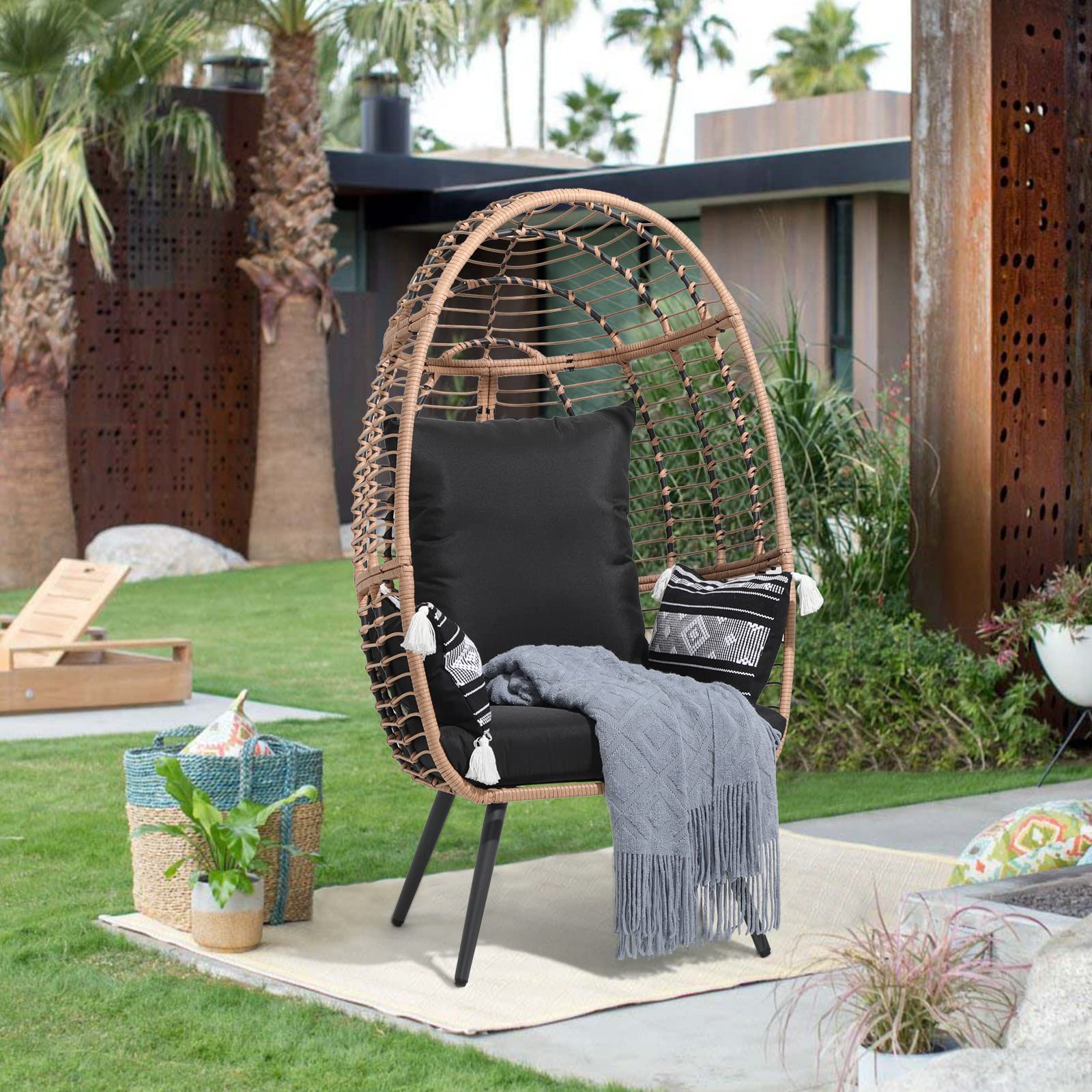 JOIVI Oversized Wicker Egg Chair - Indoor/Outdoor Rattan Hanging Lounger with Stand & Cushions - Patio, Porch, Backyard, Living Room, Balcony Furniture - Perfect for Relaxing, Reading & Sunbathing (Beige Rattan, Black Cushion)