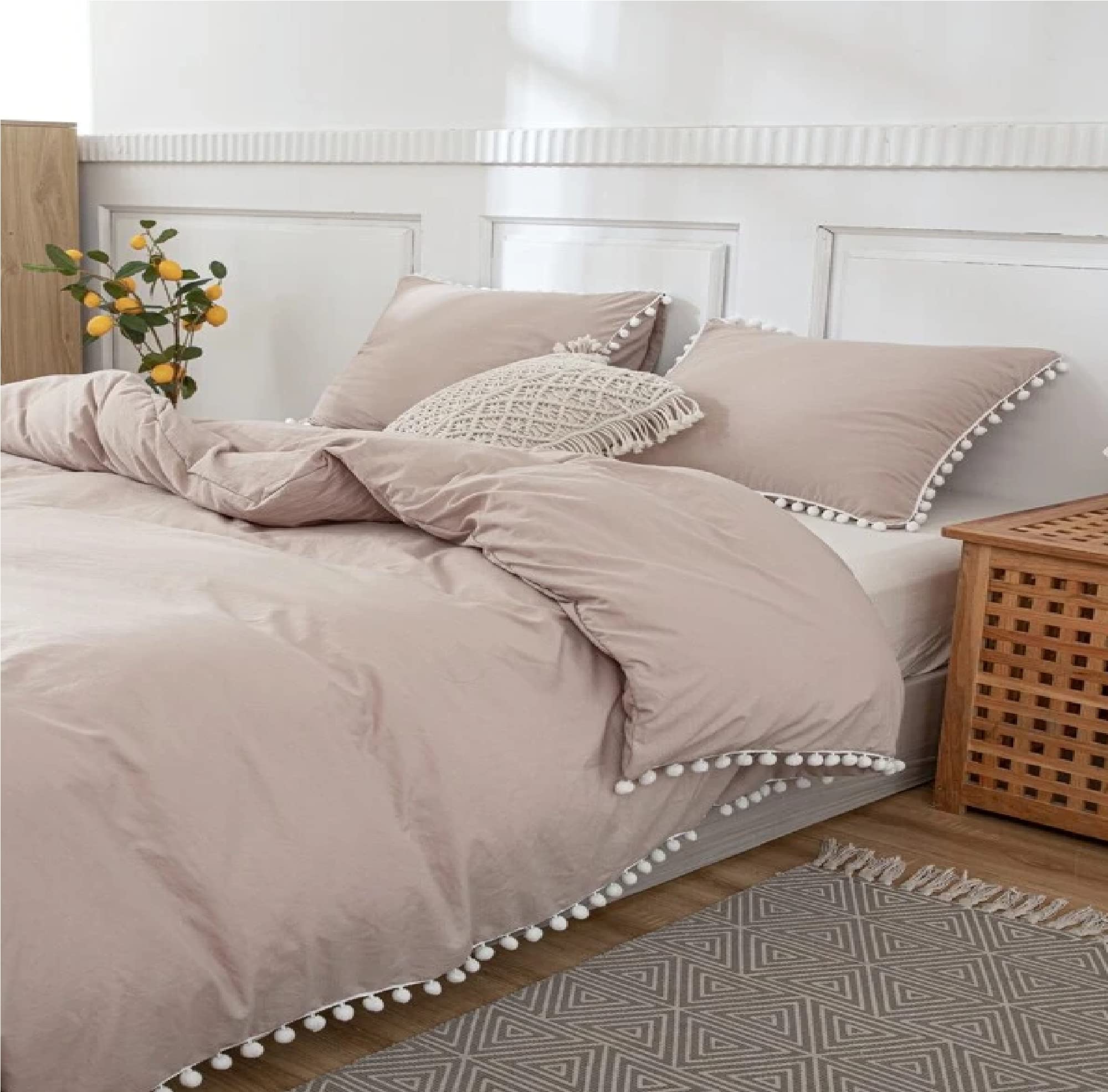 Beige Stone Washed Cotton Duvet Cover Set with White Pom Pom Trim - Queen/King/Twin/California King Size - Soft & Cozy Bedding for Master Bedroom, Guest Room, or Dorm