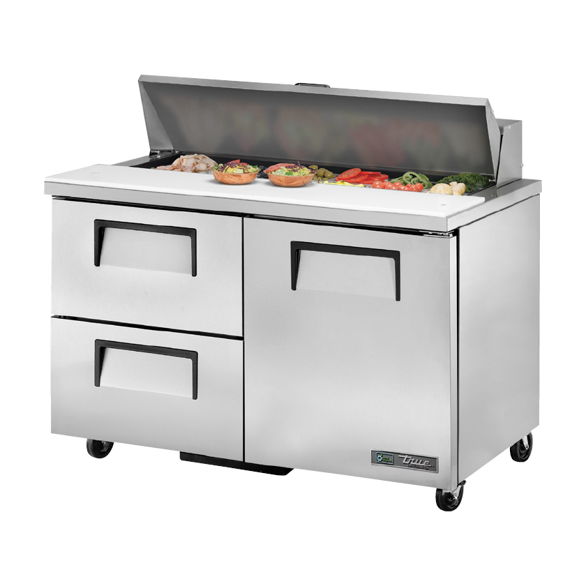 True TSSU-48-12D-2 Commercial Refrigerated Sandwich & Salad Prep Table - 48 Inch, 12 Pans, 2 Drawers & 1 Door - Perfect for Delis, Cafes & Restaurant Kitchens
