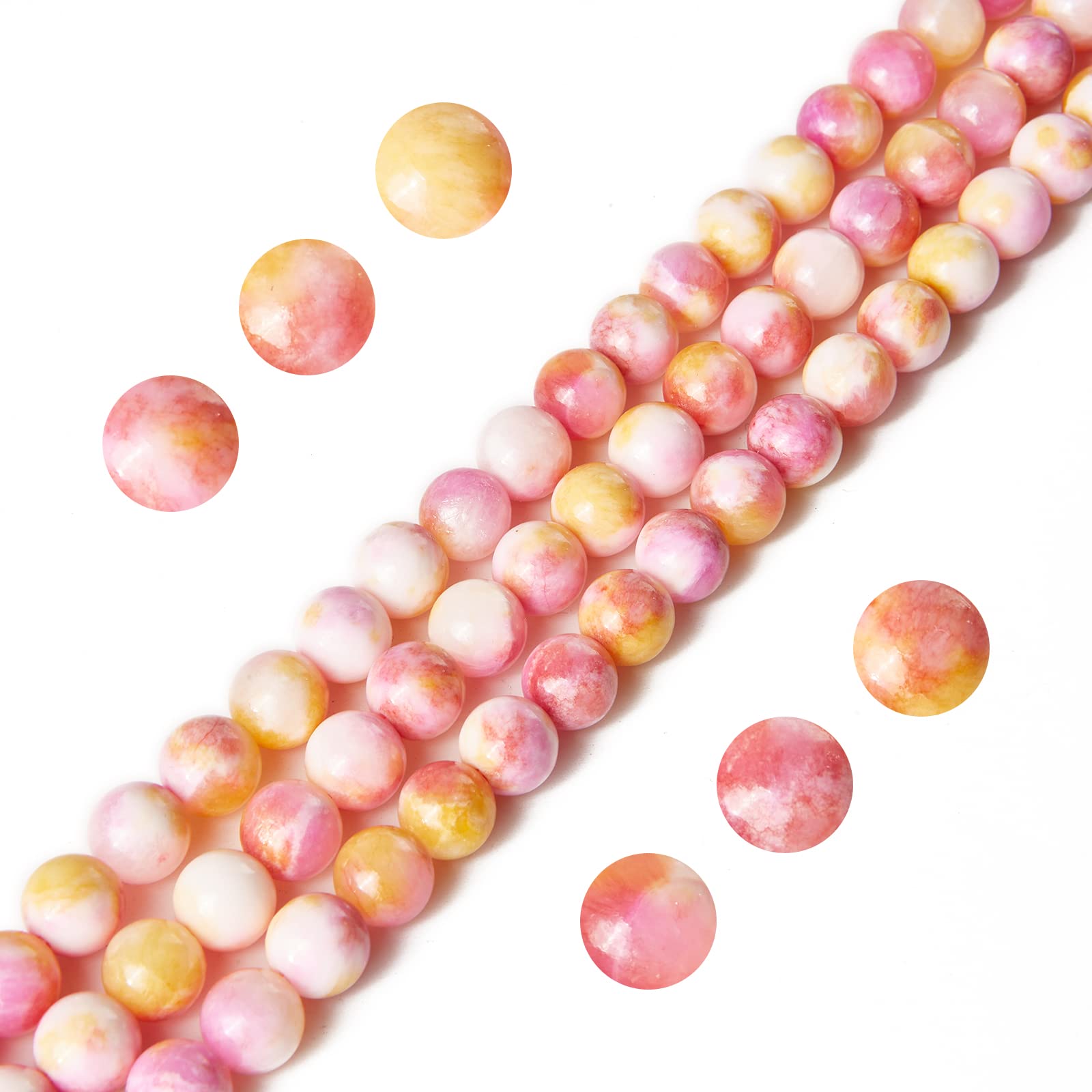 60pcs 6mm Pink & Yellow Natural Jade Beads - Round Loose Gemstone Beads for DIY Jewelry Making, Bracelets, Necklaces & Craft Projects