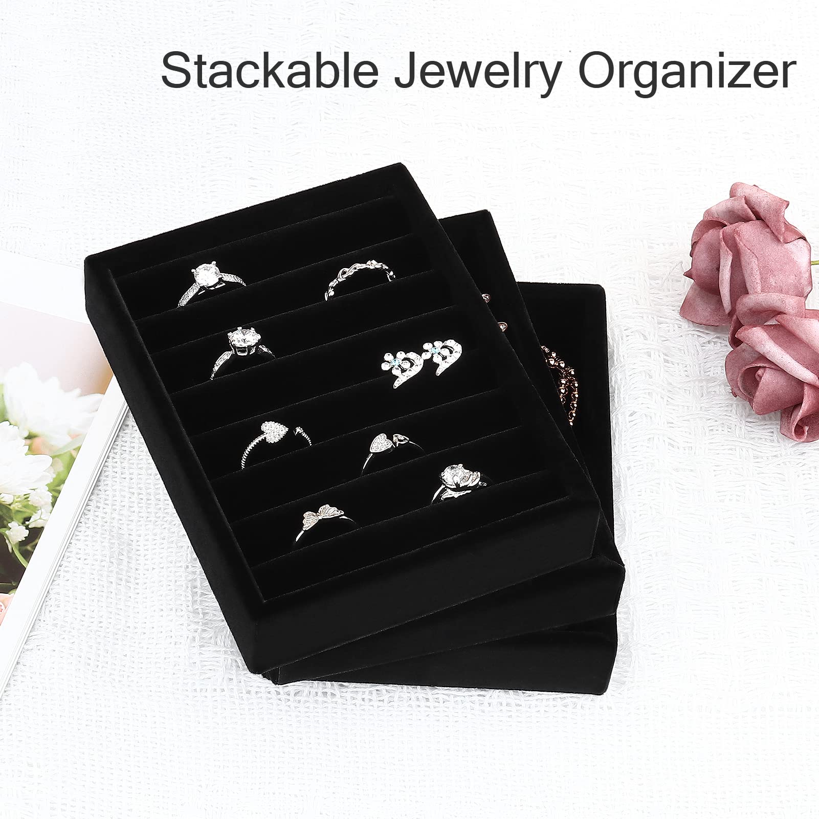 2-Piece Premium Velvet Jewelry Tray Organizer - Ring & Earring Display Holder with 8 Slots for Jewelry Box, Drawer, Dresser | Elegant Black Storage Solution for Home, Travel & Gift Giving