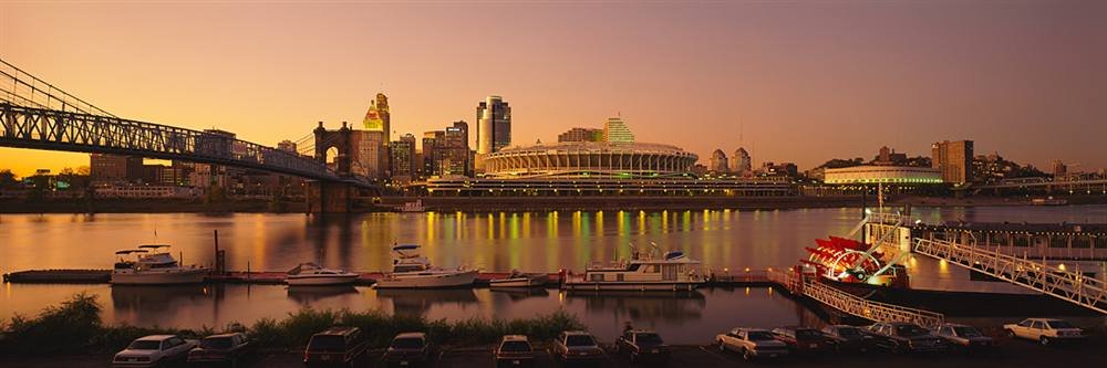 Cincinnati Riverfront Dusk Peel & Stick Wall Mural - 48x16 Inch Removable City Skyline Decal for Home & Office Decor