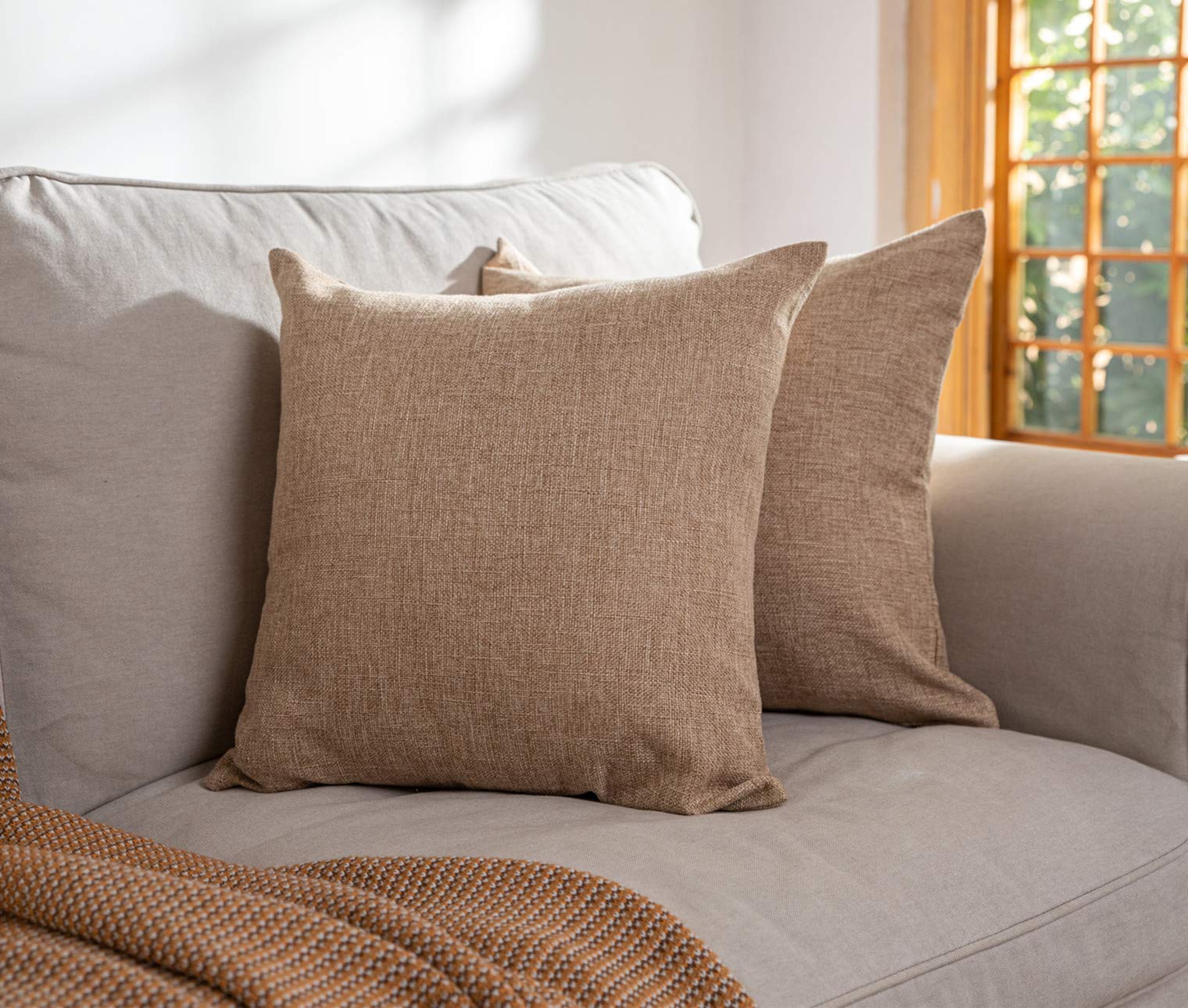 Premium Set of 2 Natural Linen Throw Pillow Covers 20x20 Inch - Soft Square Decorative Pillow Cases for Sofa, Couch, Bed & Chair - Perfect for Living Room, Bedroom & Home Decor