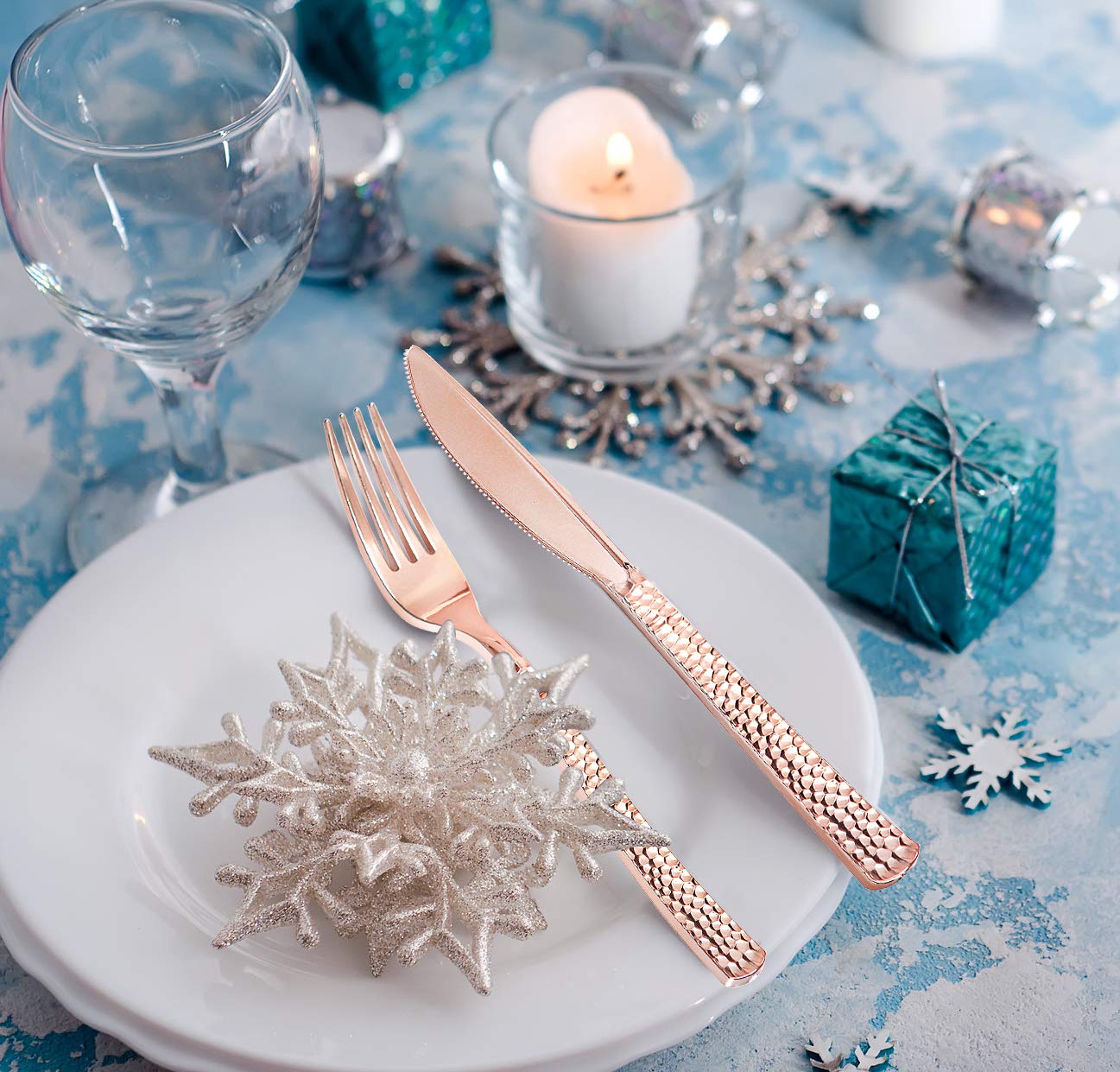 180-Piece Rose Gold Plastic Cutlery Set - Elegant Forks, Spoons & Knives for Parties, Weddings, Birthdays - Disposable Tableware for Outdoor Events, Picnics & Catering