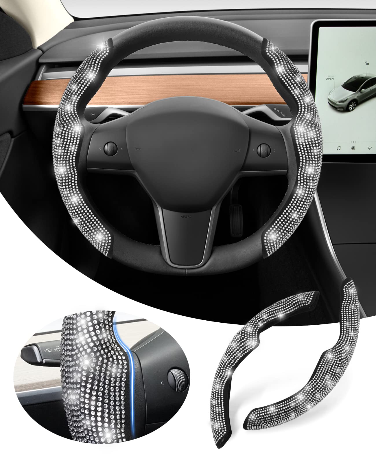 Luxury Diamond Rhinestone Steering Wheel Cover for Tesla Model 3 (2017-2023) & Model Y (2020-2023) - 2PCS Non-Slip Sparkling Car Accessories | Perfect for Women's Gift, Date Night & Luxury Driving Experience