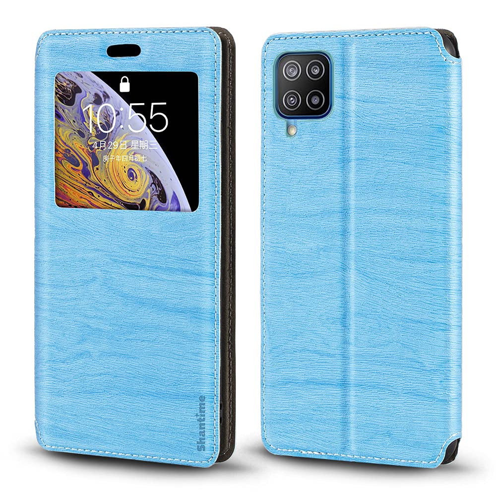 Premium Wood Grain Leather Magnetic Flip Cover Case for Samsung Galaxy F12 NFC - Card Holder & Window Design - Perfect for Daily Use, Travel & Business Meetings