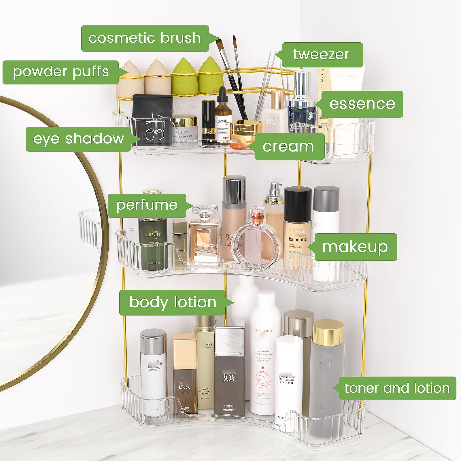 3-Tier Clear Makeup Organizer for Vanity with Brush Holder - Corner Bathroom & Countertop Storage for Cosmetics, Jewelry, Skincare - Perfect for Bedroom Dresser, Bathroom Counter & Kitchen Organization