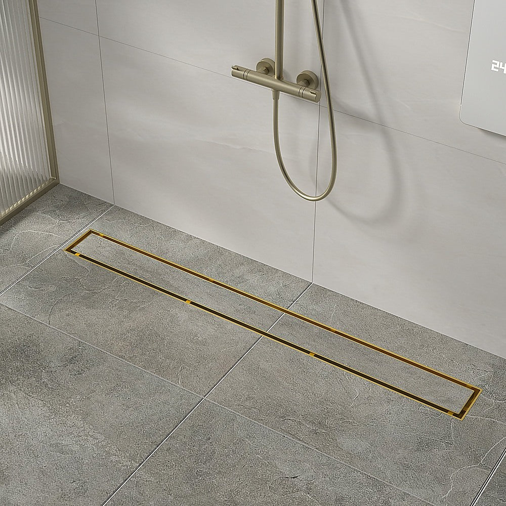 1000mm Brushed Brass Tile Insert Shower Drain with Center Outlet - Bathroom Floor Waste Grate for Modern & Luxury Showers - Perfect for Wet Rooms, Walk-In Showers, and Spa Bathrooms