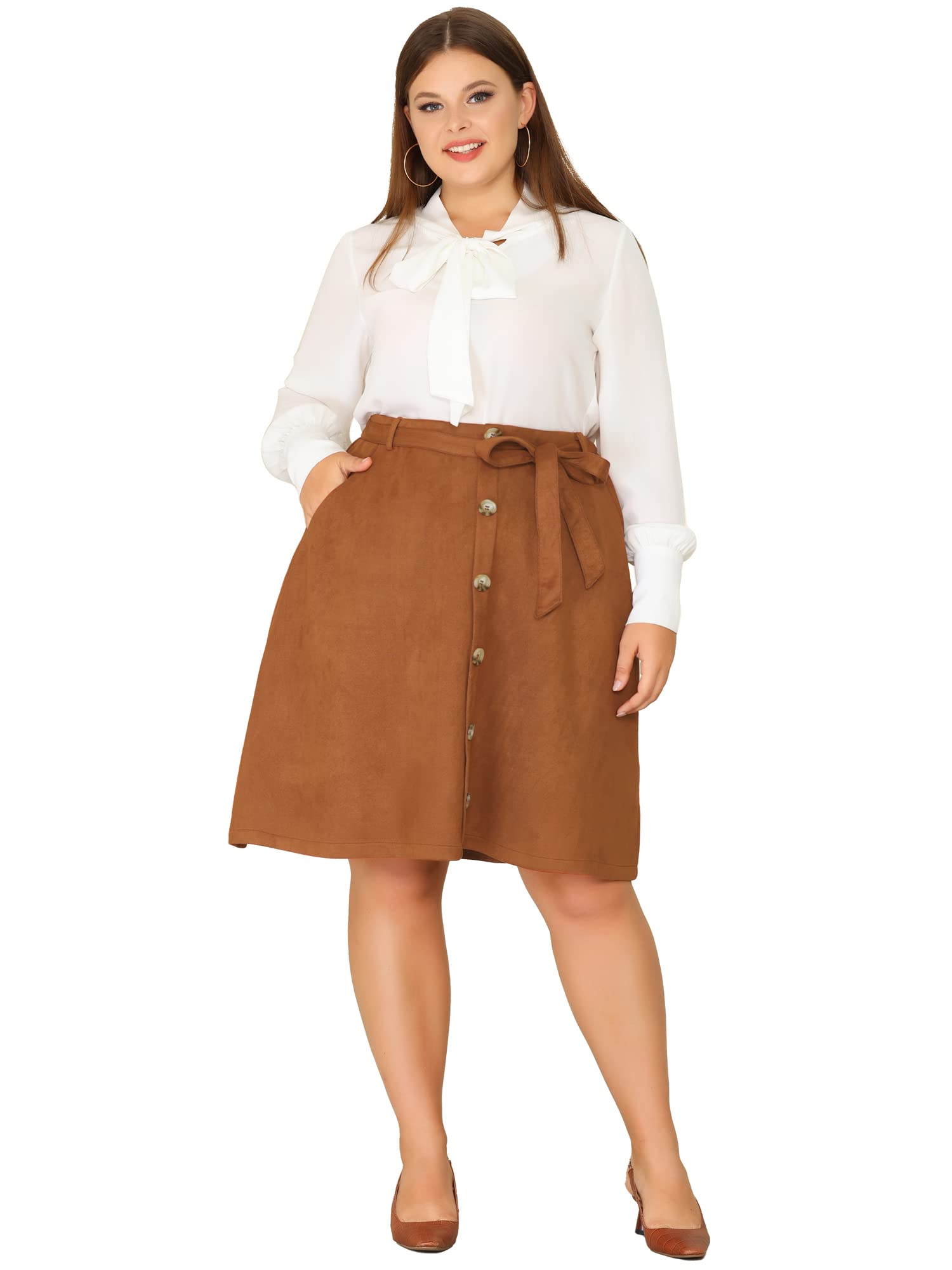 Agnes Orinda Women's Plus Size Faux Suede A-Line Midi Skirt with Elastic Waist - Stretchy Comfort Fit for Work, Party & Halloween Outfits