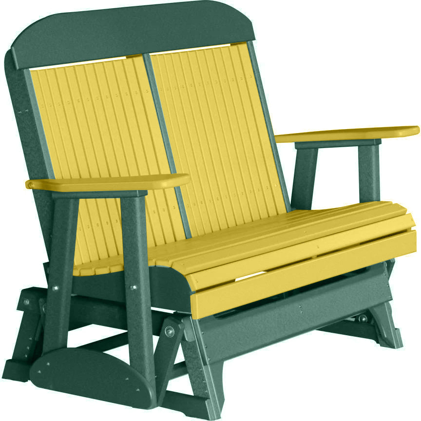 LuxCraft 4FT Yellow Recycled Plastic Highback Outdoor Glider Bench with Cup Holder - Durable Patio Furniture for Garden, Porch & Backyard Relaxation