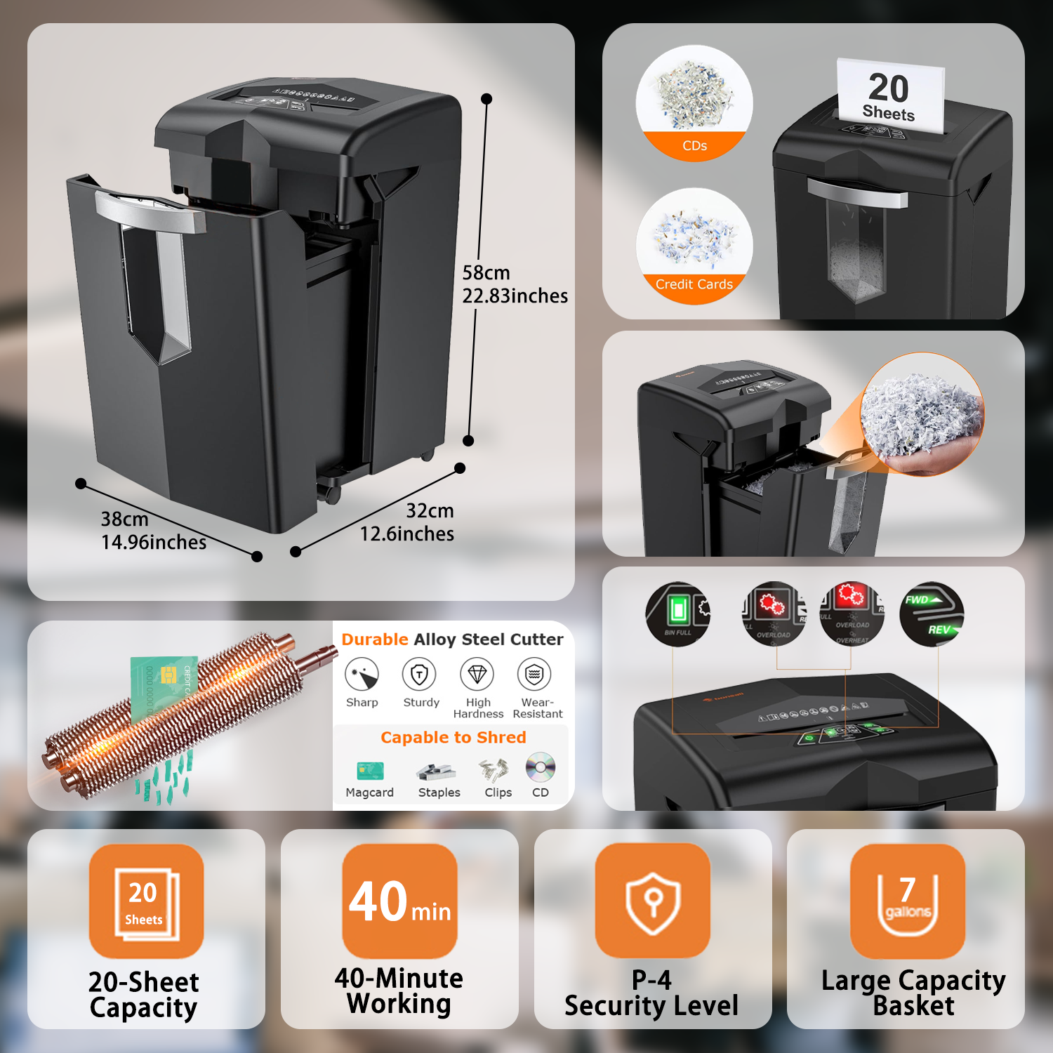 Bonsaii Heavy Duty 20-Sheet Cross Cut Paper Shredder for Office - 40 Minute Run Time, Anti-Jam Technology, P-4 Security Level - Shreds CDs, Credit Cards & Staples with 7 Gallon Pullout Bin (C144-D) - Perfect for Commercial Use & Document Security in Large Offices