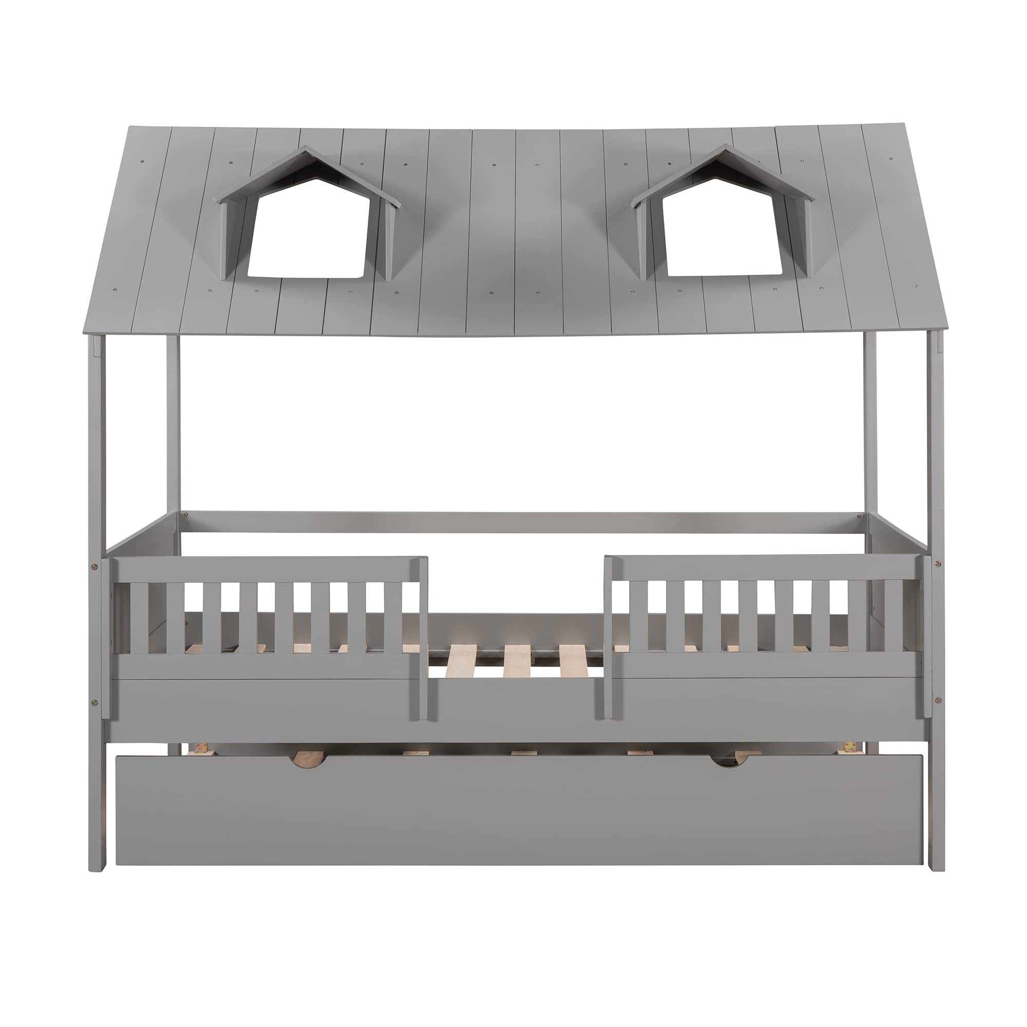 Twin Size Wooden House Bed with Trundle - Kids Daybed Frame with Safety Fence & Roof Design - Easy Assembly for Boys & Girls Bedroom - Perfect for Sleepovers, Playtime & Cozy Naps (Gray+Twin+House#)