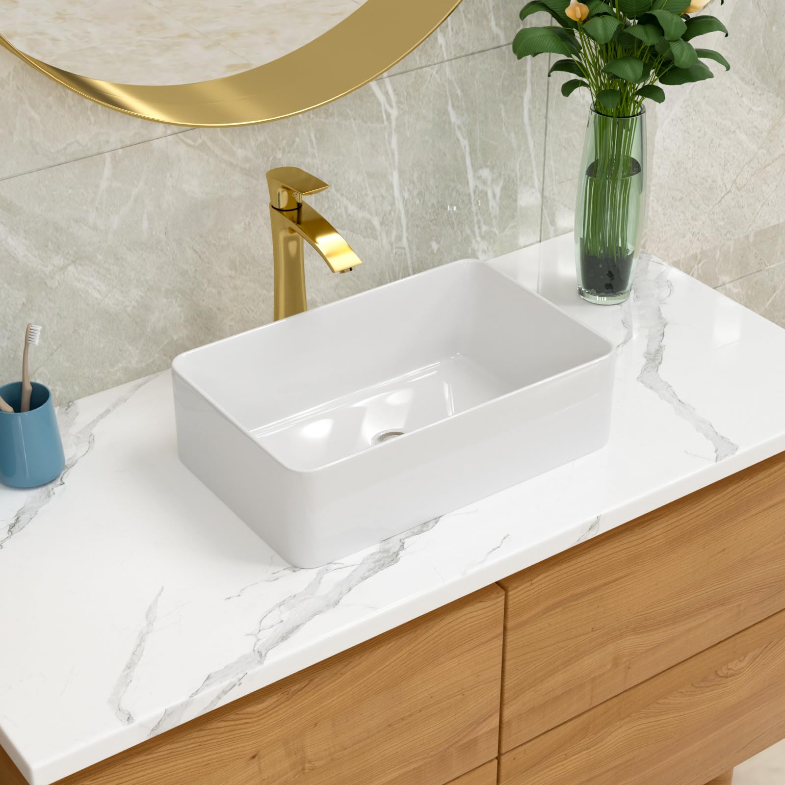Lordear 21x14 Inch White Porcelain Rectangular Vessel Sink - Modern Above Counter Bathroom Vanity Sink for Contemporary Bathrooms & Powder Rooms