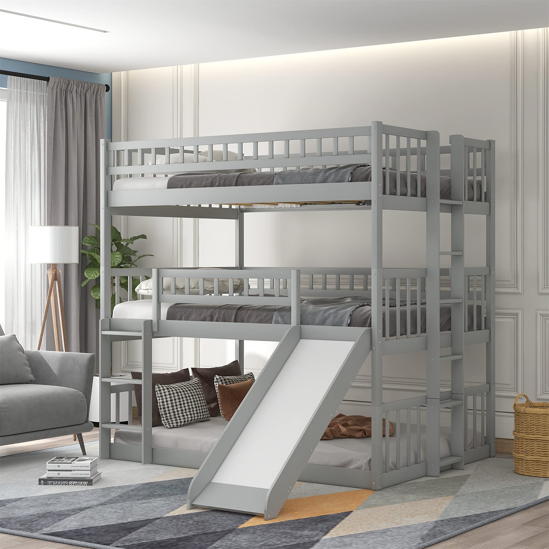 Harper & Bright Designs Triple Bunk Beds with Slide - Full Over Full Over Full Wooden Bunk Bed Frame with Built-in Ladder for Kids, Teens & Adults - Space Saving Bedroom Furniture for Small Rooms, Dorms, Vacation Homes & Shared Kids' Rooms (Gray)