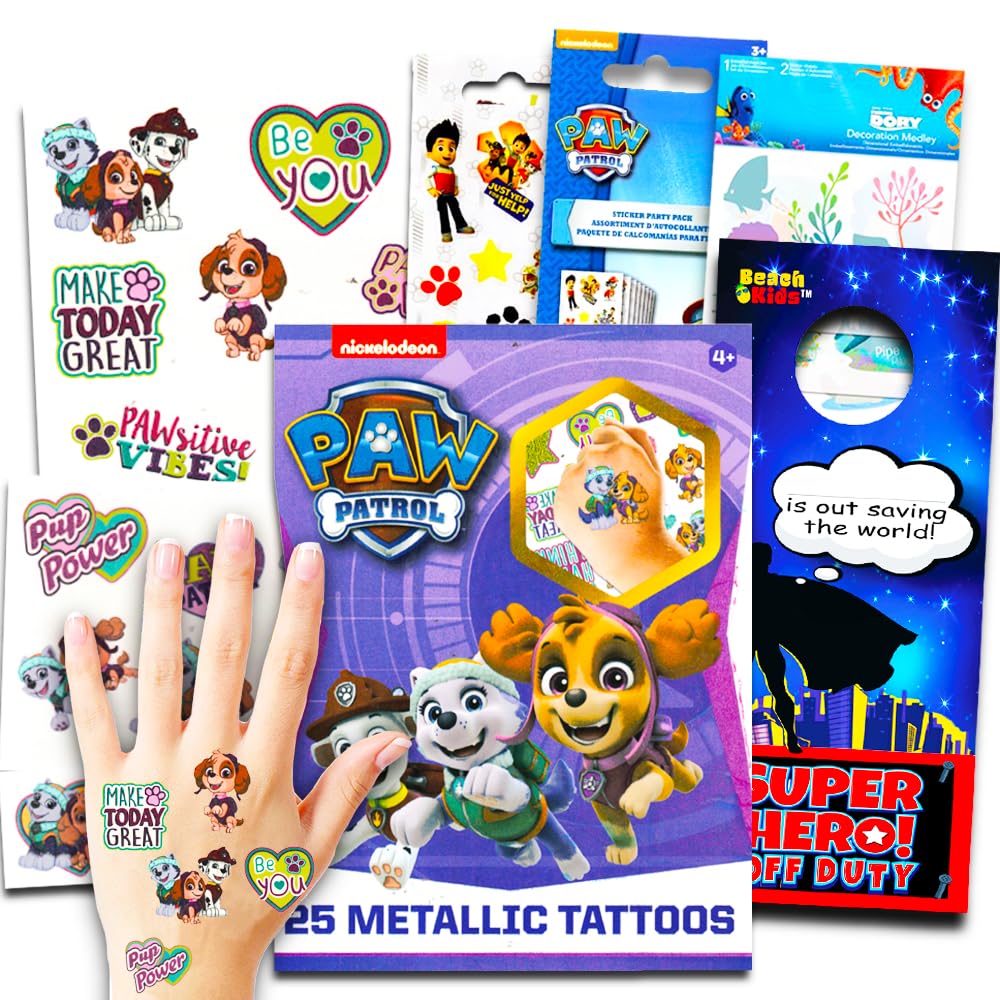 Paw Patrol Party Favors Pack - 24pcs Temporary Tattoos, Stickers & Party Supplies for Kids Birthday | Skye Themed Decorations for Girls & Boys | Perfect for Birthday Parties, School Events & Themed Celebrations