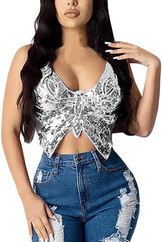 Sparkly Butterfly Sequin Crop Top for Women - Sexy Glitter Halter Tank Top with Strappy Backless Design - Perfect for Belly Dance, Latin Dance, and Dance Costumes