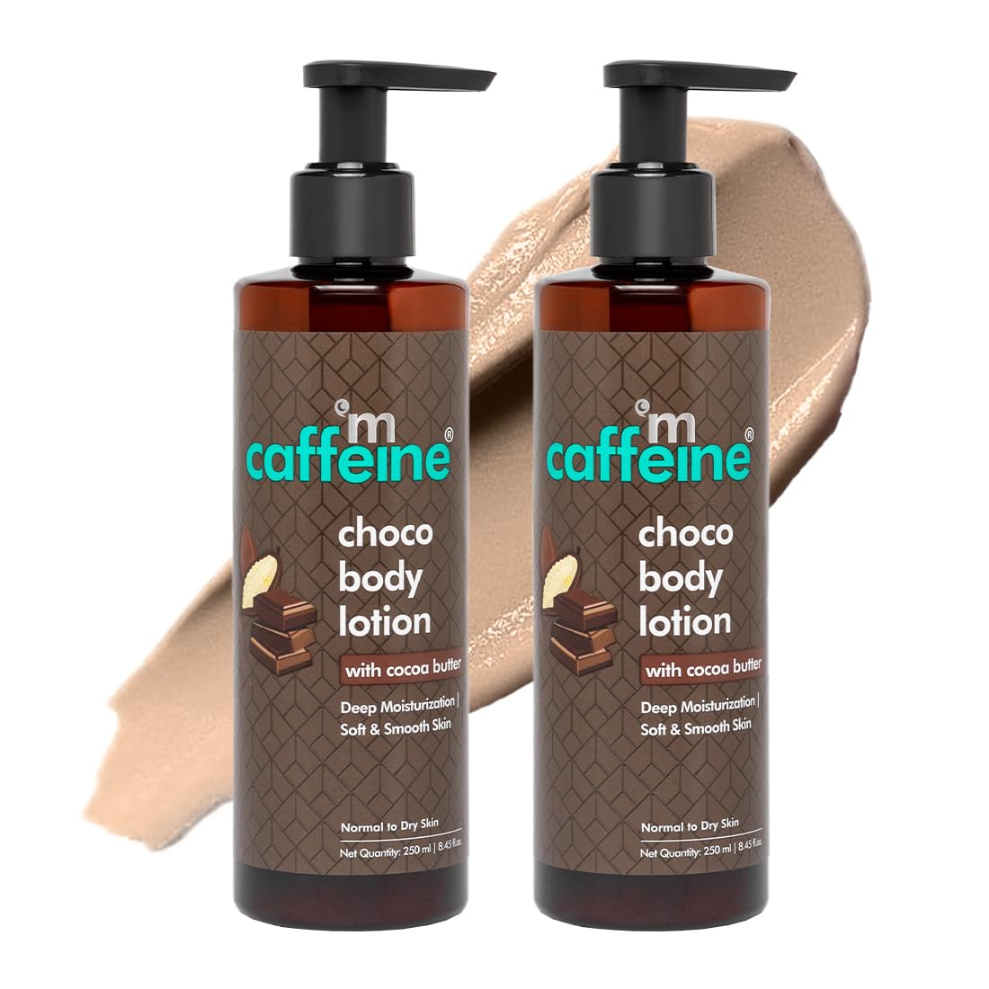 mCaffeine Deep Moisturizing Choco Body Lotion for Dry Skin - Pack of 2 | Cocoa Butter & Shea Butter Body Moisturizer for Women & Men | Non-Sticky, All Season Hydration (500ml) | Perfect for Daily Skincare Routine & Post-Shower Use